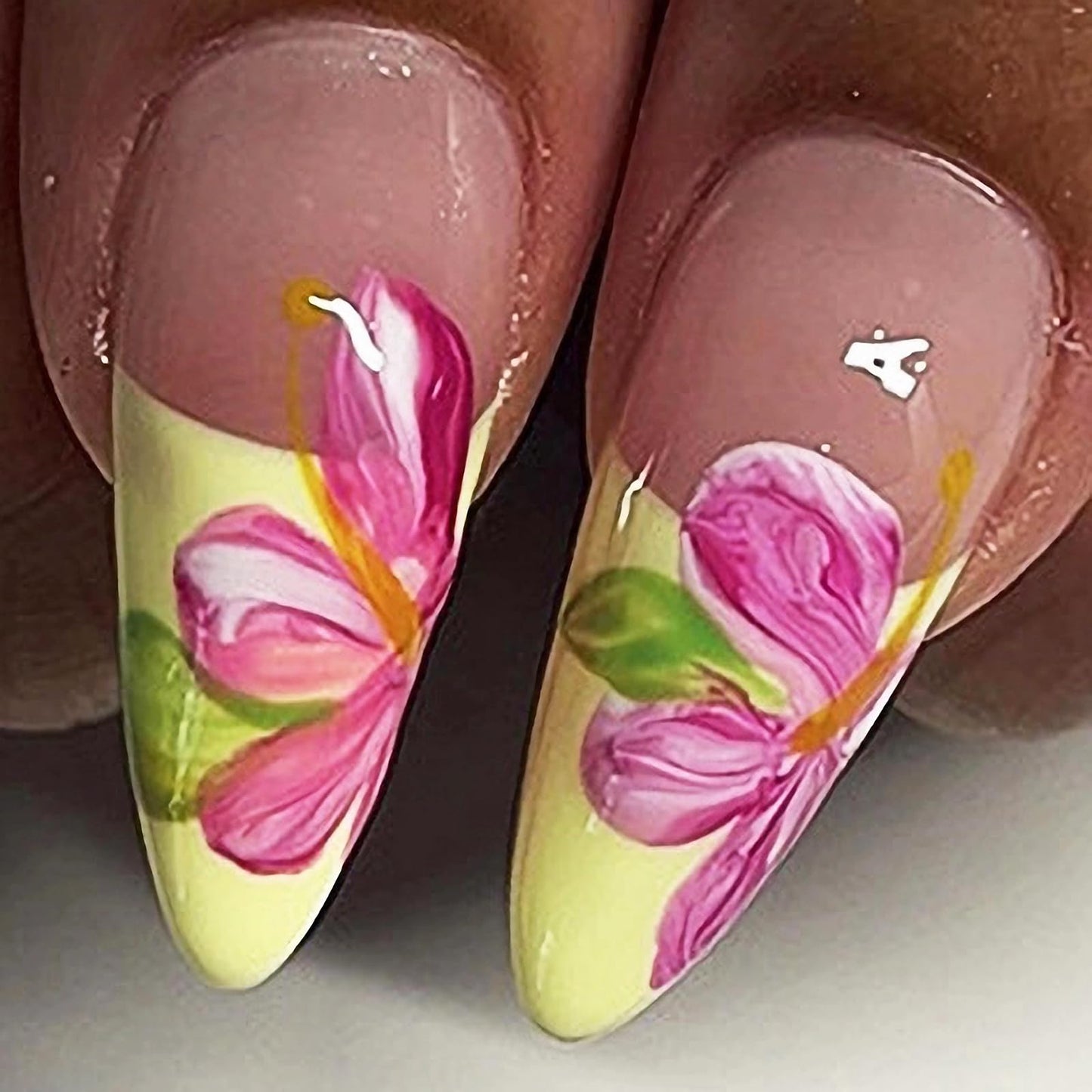 MISUD Press on Nails Medium Almond Fake Nails Glossy Glue on Nails Yellow French Tip Acrylic Nails Stiletto Artificial Nails Summer Cute Pink Flower Stick on False Nails with Design 24 pcs