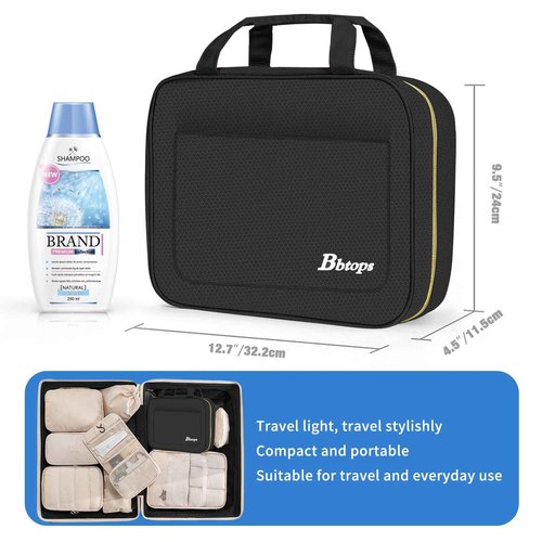 Bbtops Toiletry Bag for Women, Large Hanging Travel Toiletry Bag with Hanging Hook,Water-resistant Makeup Bag Cosmetic Organizer for Full Sized Toiletries, Accessories(Black)