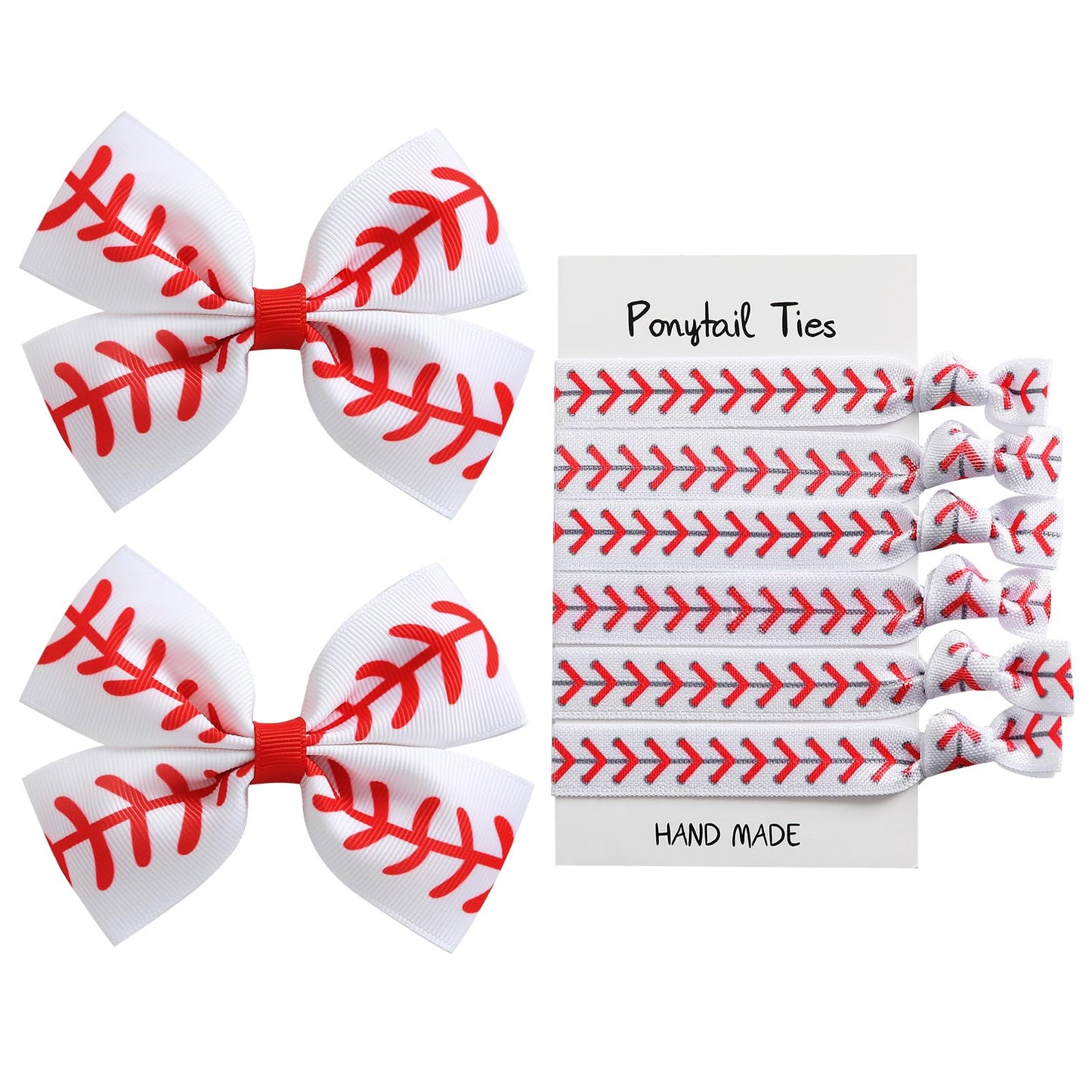 2PC Baseball Hair Bow Clips with 6PC Baseball Hair Ties for Women Girls Cheer Dress up Hair Accessories