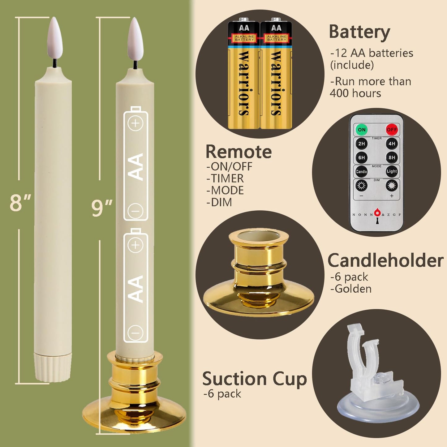 6PACK Flameless 8'' Window Candles with 12 AA Batteries(Run More Than 400 Hours)+6 Suction Cup+6 Golden Candleholders. Battery Powered Ivory Taper Candles with Remote and Timer.Remote Included