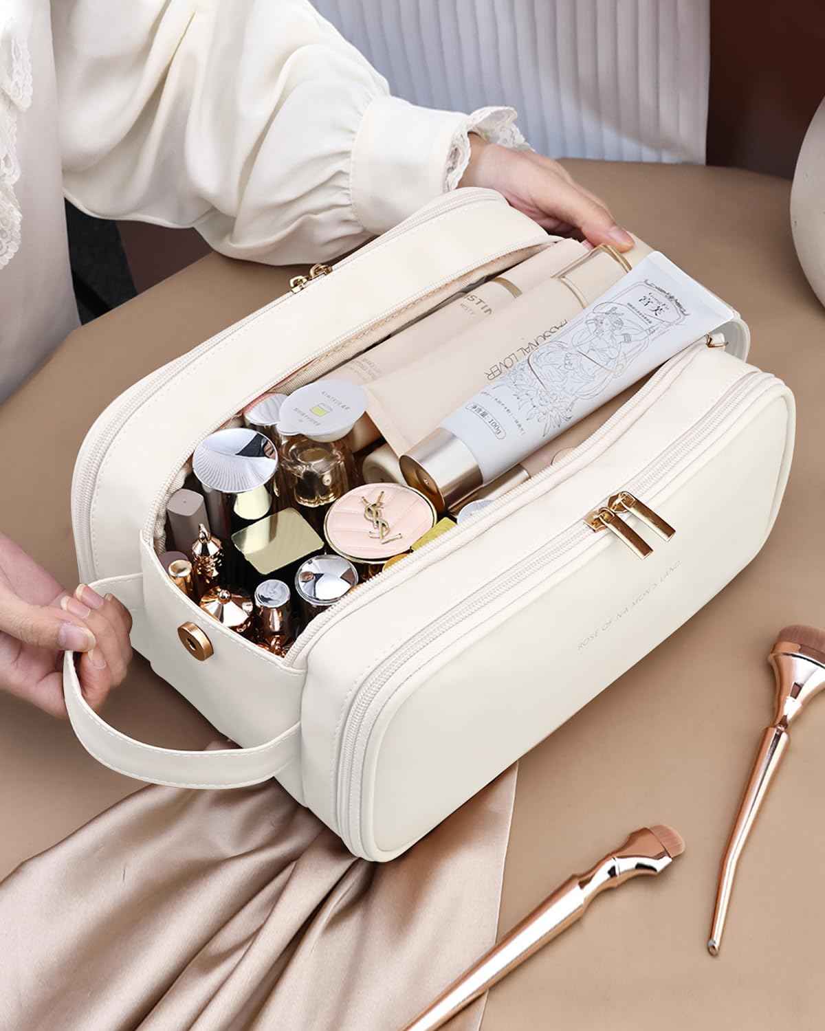 Yikisite Travel Makeup Bag - Women's Portable Travel Organizer, Waterproof Cosmetic Storage Bag, Vertical Brush Holder for Easy Access