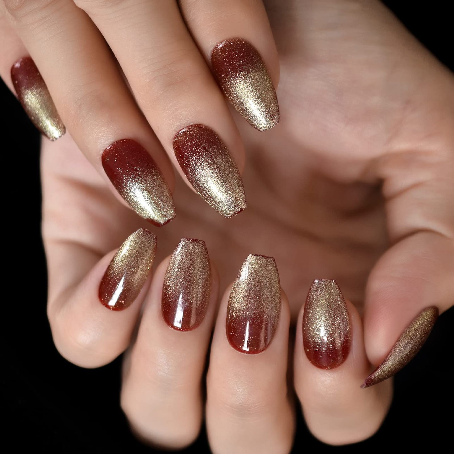 Wine Red with Gold Giltter Press On Nails Medium Length Coffin False Nails Women Girls Ballerina French Nail Art Tips Full Cover Reusable Fingernails Datechable Acrylic Manicure For Daily Dating Office Home Party (24pcs)