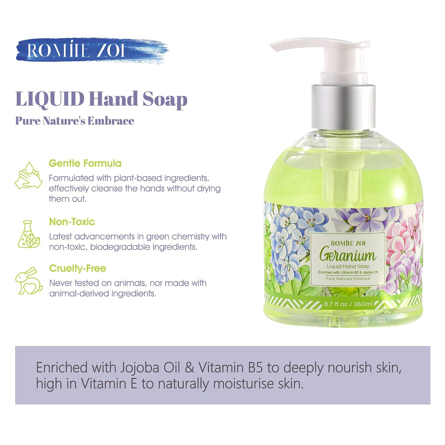 ROMIIE ZOI Liquid Hand Soap with Gift Box - 260ml/ 8.7 fl.oz - Variety Pack of 3 (Geraniumt,Eucalyptus&Mint,Magnolia)