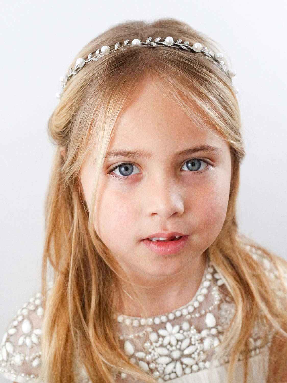 SWEETV 2pcs Flower Girl Headpiece Sliver Wedding Headband for Girls, Crystal & Pearl Hair Accessories for Birthday Party, First Communion