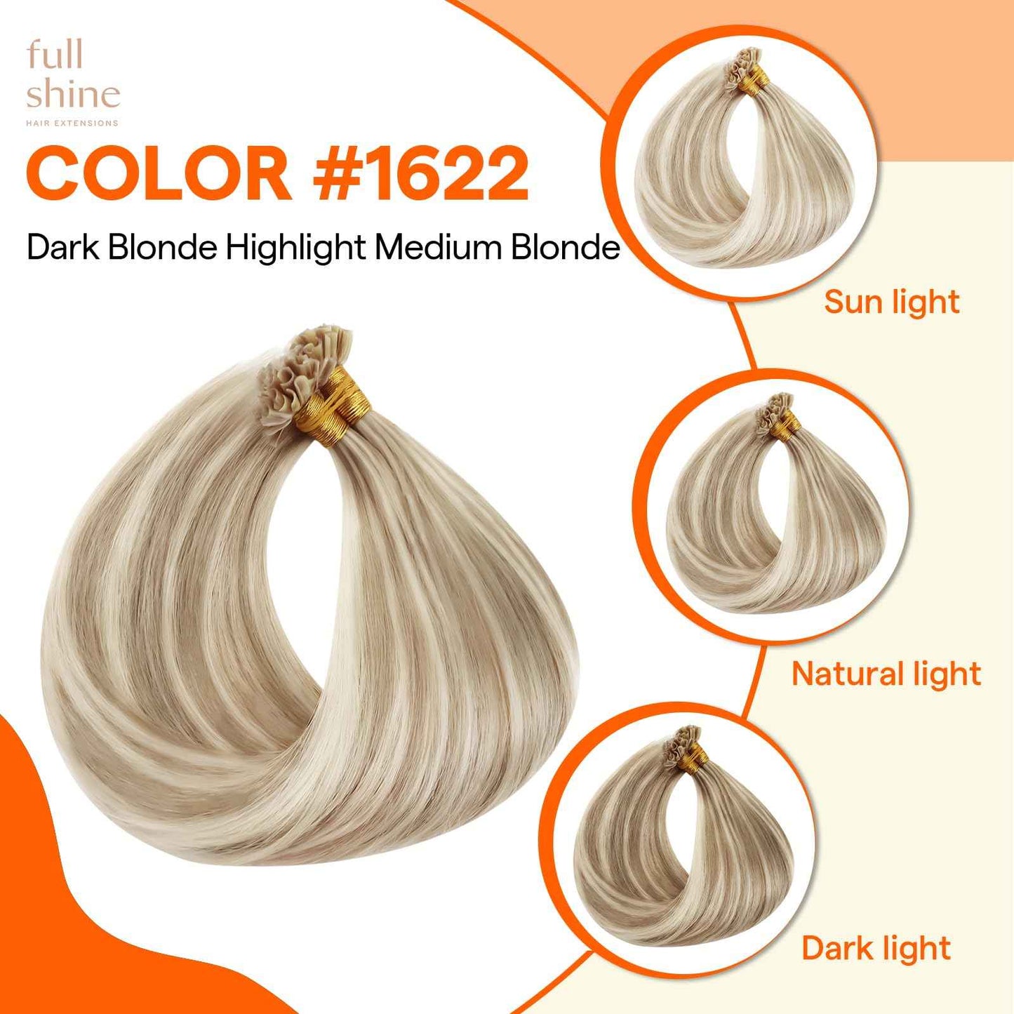 Full Shine U Tip Hair Extensions Human Hair Color 16P22 Blonde Highlighted Keratin Bond Human Hair Extensions 18 Inch Natural Remy Hair Fusion Extensions 50 Grams
