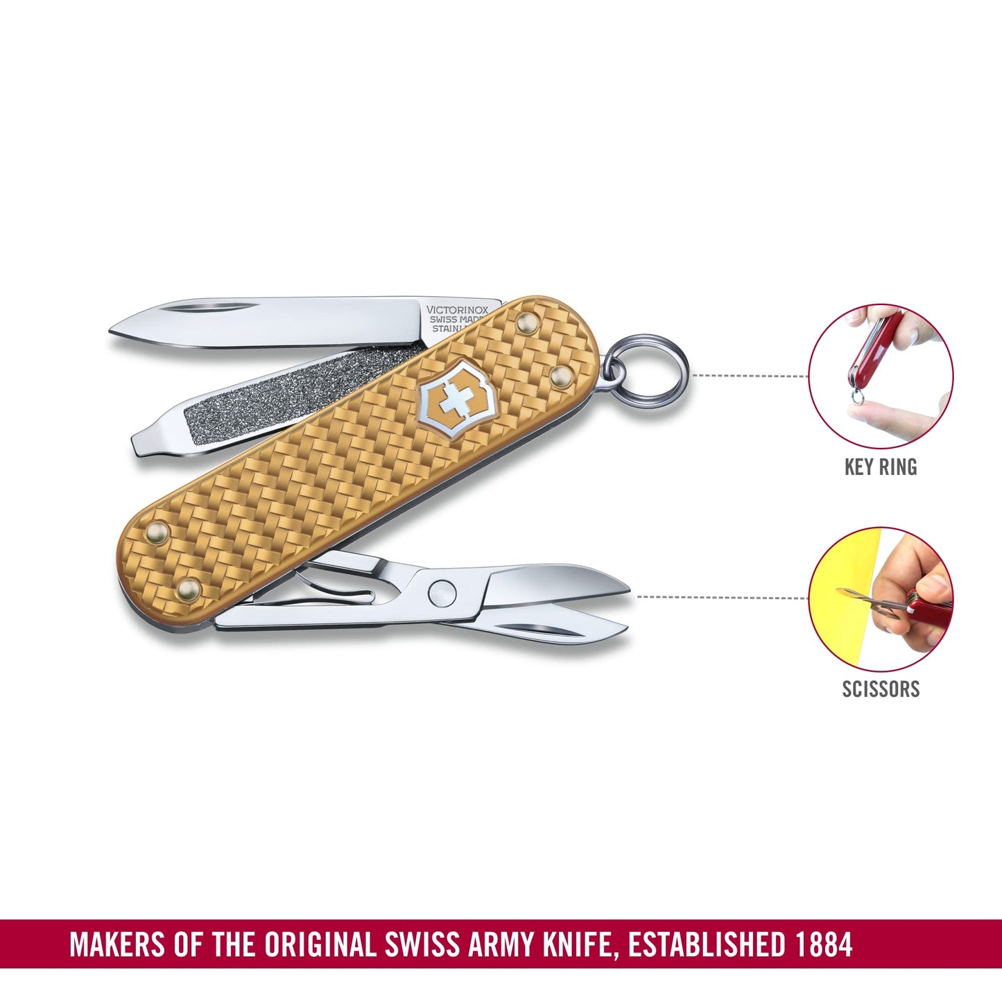 Victorinox Classic SD Precious Alox Swiss Army Knife, Compact 5 Function Swiss Made Pocket Knife with Small Blade, Screwdriver and Key Ring - Brass Gold