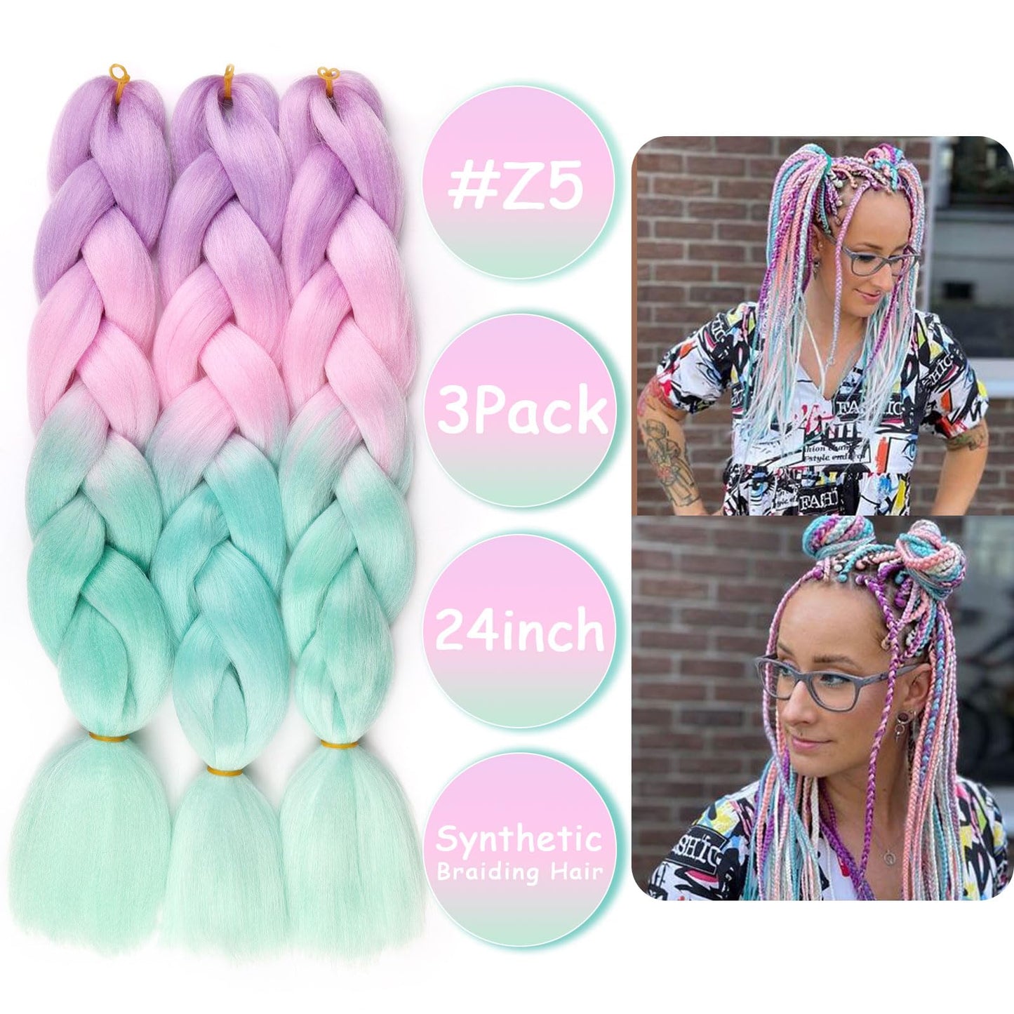 Ombre Light Purple to Pink to Mint Green Pink Braiding Hair Extensions Ombre Braiding Hair 3 Packs 24 inch Synthetic Hair for Braiding