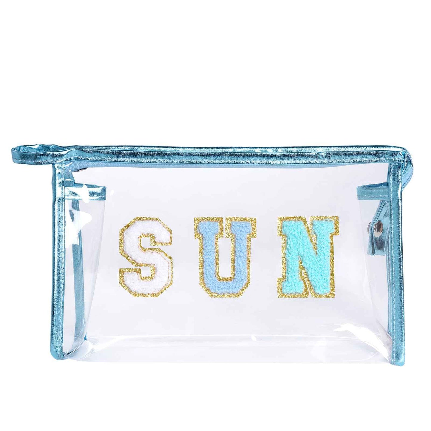 Hmxpls Clear Preppy Patch Makeup Bag, Sun Chenille Letter Bag for Beach, Pouch With Zipper, Travel Cosmetic Toiletry Bag for Women Girls Teens (Blue)
