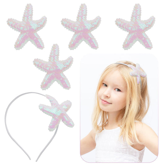 LACGO Set of 5 Beach Starfish Hair Accessories - Mermaid Hair Clips Sequins Glitter Headband Sea Star Barrettes for Toddler Girls Women Wedding Birthday Anniversary Holiday(White)