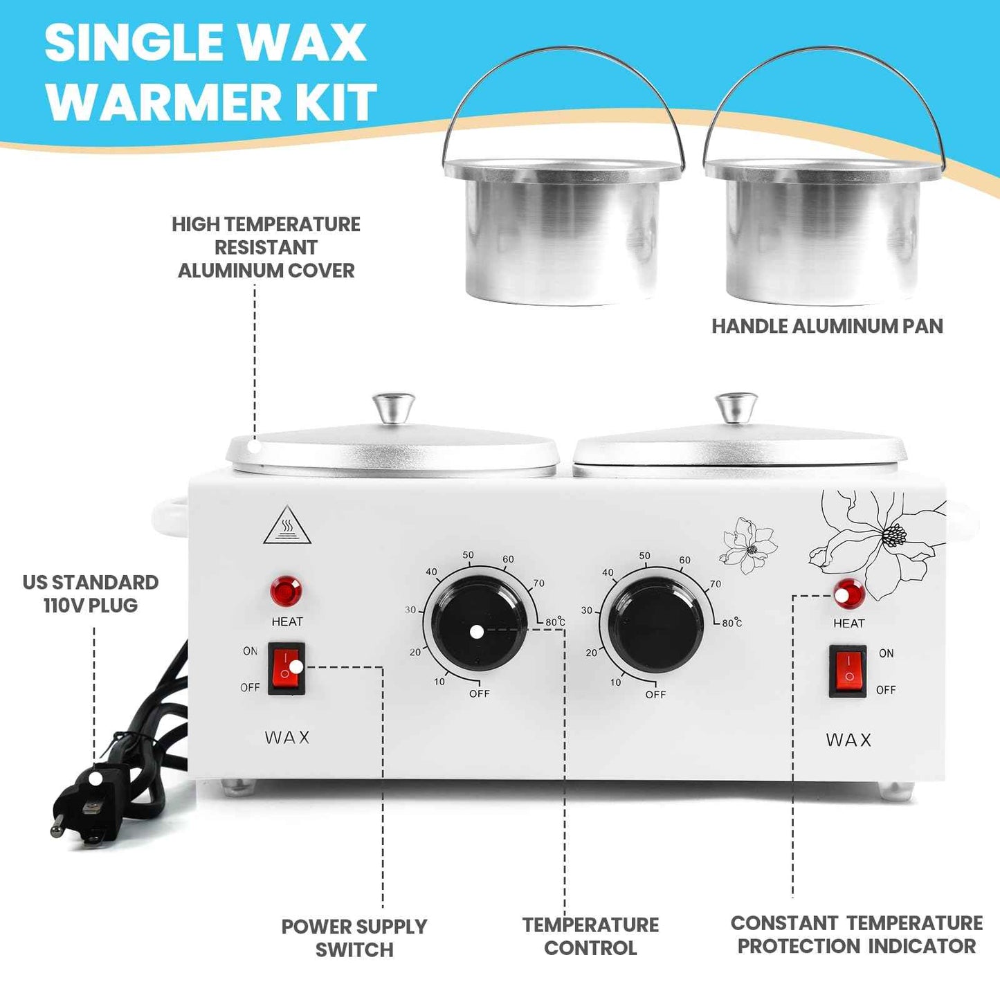 1.2L Double Pot Wax Warmer, Electric Depilatory Heater Machine with Adjustable Temperature for Hair Removal & Facial Spa, Includes 40 Wax Sticks & 20 Collars