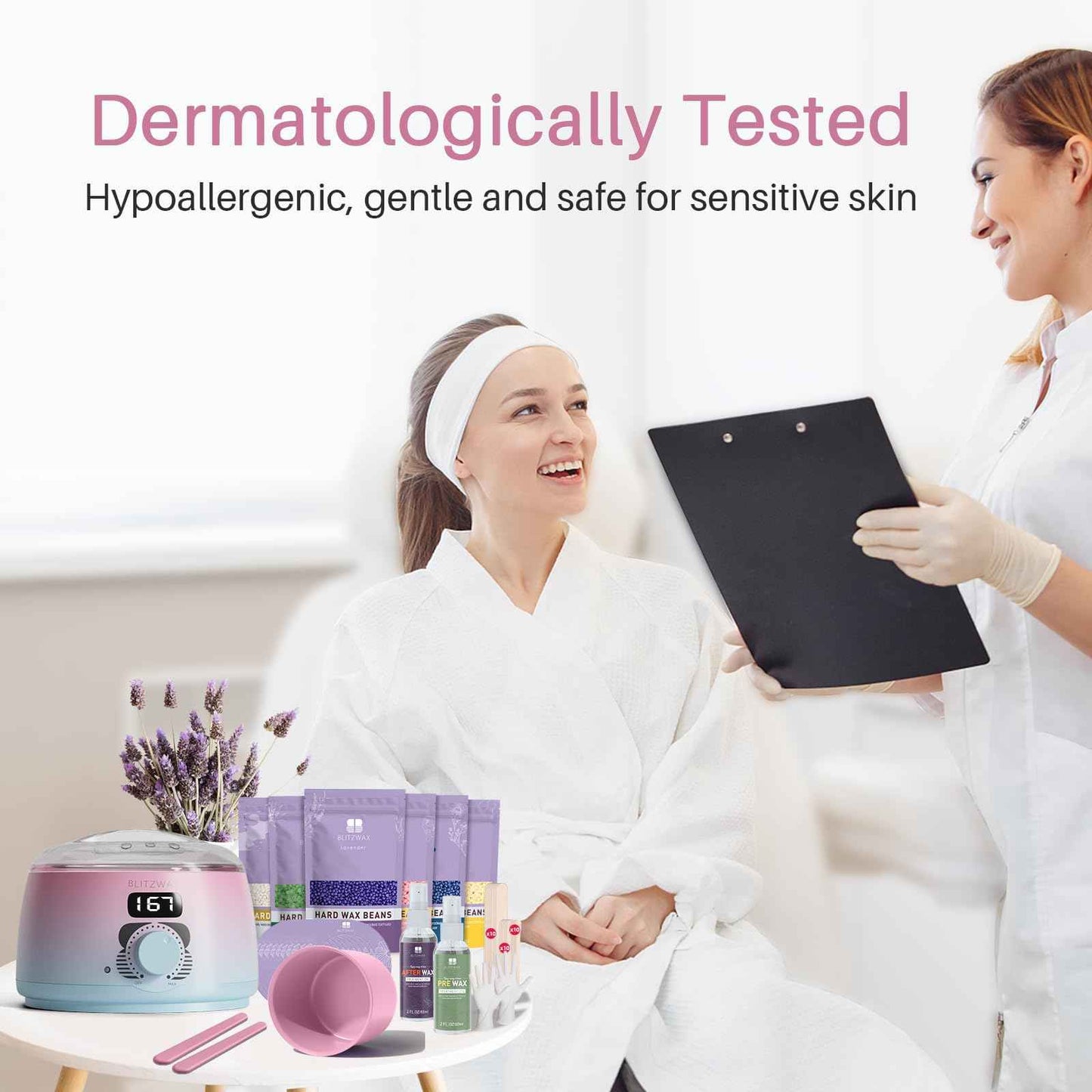 BLITZWAX Brazilian and Bikini Waxing Kit for Women, Hard Wax Warmer for Face, Legs and Body, At Home Hair Removal Kit, Beginner Friendly, Quick Heating, Pink and Blue Gradient Color