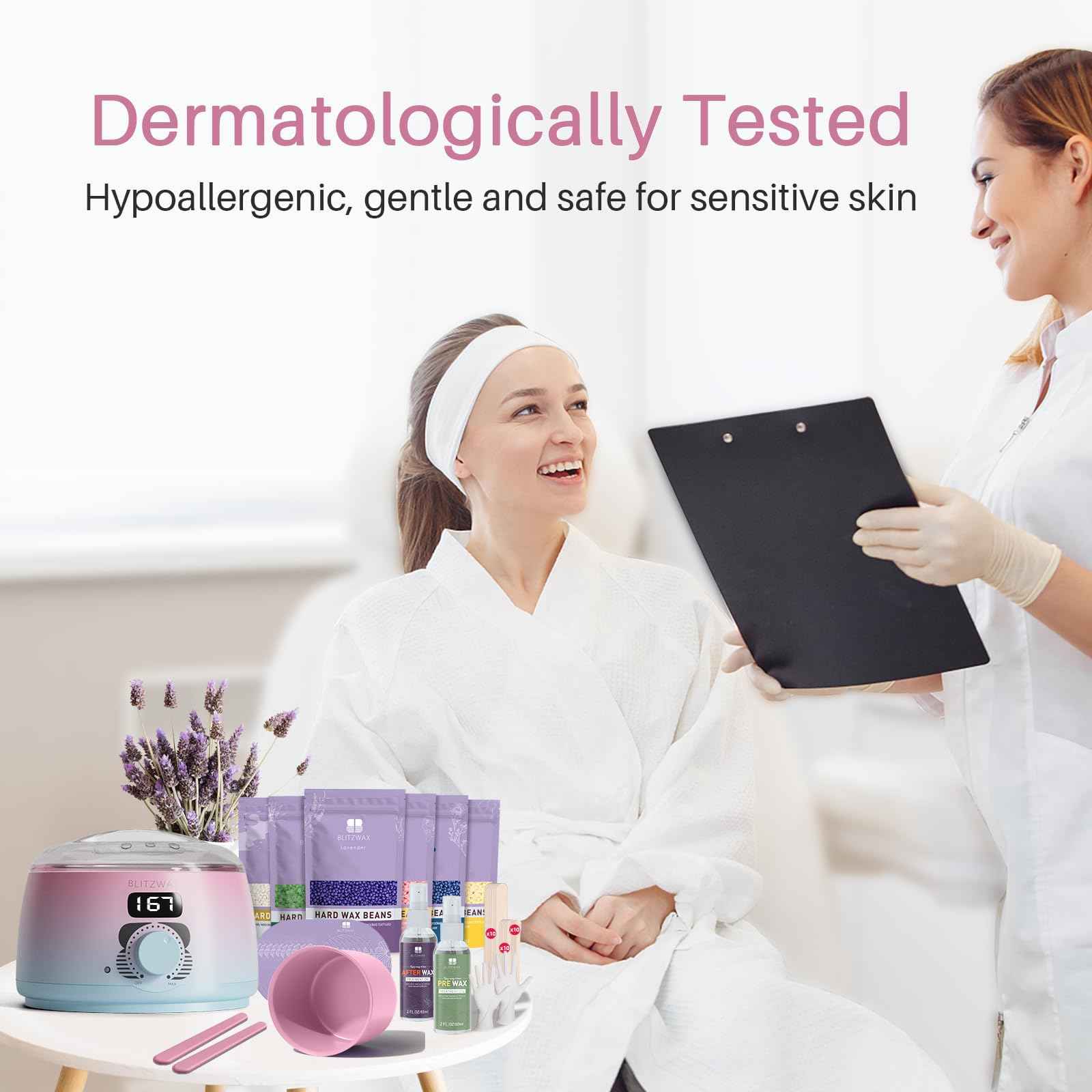 BLITZWAX Brazilian and Bikini Waxing Kit for Women, Hard Wax Warmer for Face, Legs and Body, At Home Hair Removal Kit, Beginner Friendly, Quick Heating, Pink and Blue Gradient Color