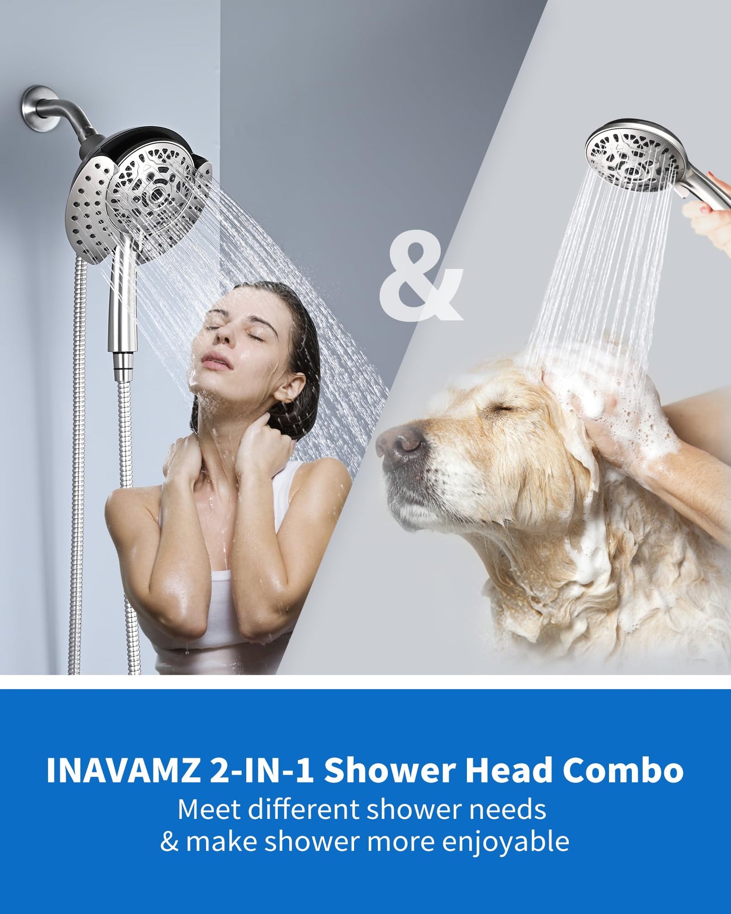 INAVAMZ Shower Heads with Handheld Spray Combo: 7.2" Rainfall Shower Head & Handheld Shower Head 2-IN-1 Shower Head with 60" Rotatable Stainless Steel Hose, Nickel