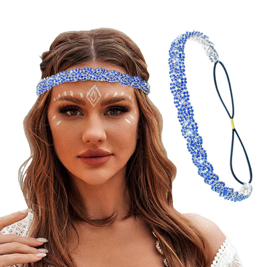 Zeelina Rhinestone Elastic Headband Crystal Head Chain Sparkly Headpieces for Women (Blue, Standard)