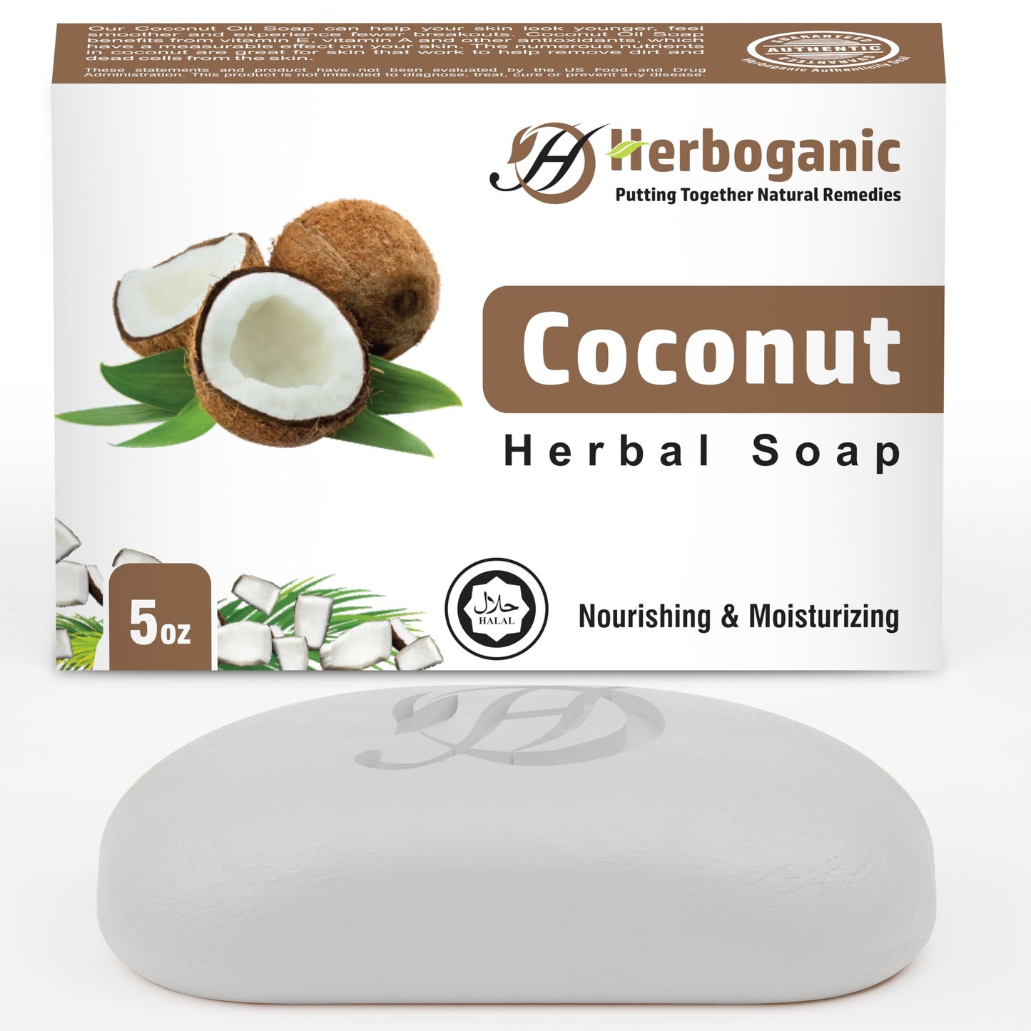 HERBOGANIC Coconut Herbal Soap | Natural Bar Soap for Face and Body | Nourishing and Moisturizing | Infused with Coconut | Gentle for Men and Women | 5 Oz (Pack of 1)