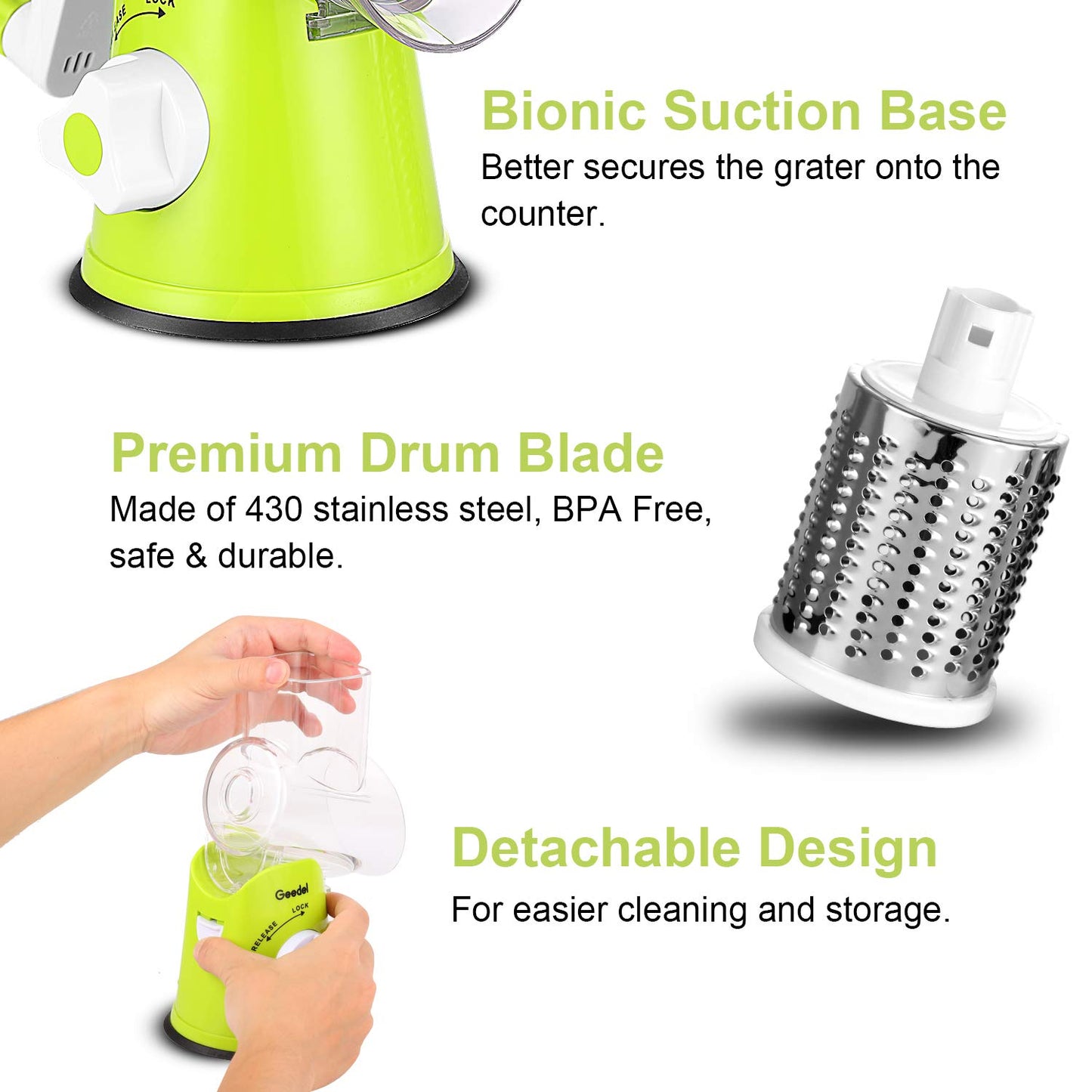 Geedel Rotary Cheese Grater, Kitchen Mandoline Vegetable Slicer with 3 Interchangeable Blades, Easy to Clean Rotary Grater Slicer for Fruit, Vegetables, Nuts