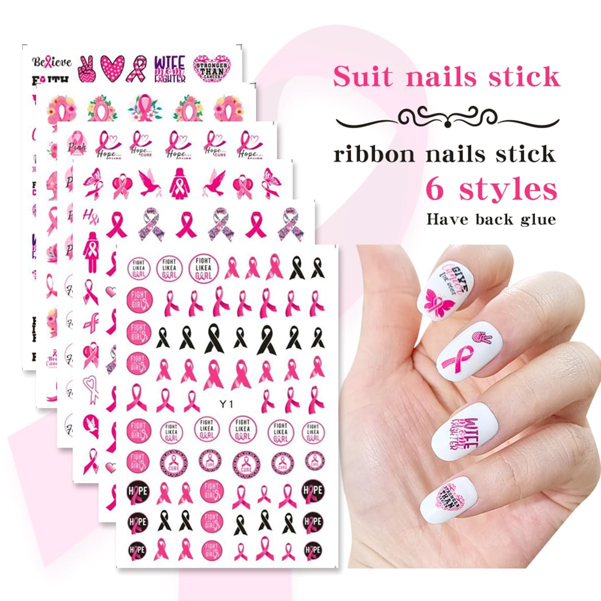 6Sheet Breast Cancer Nail Art Stickers Pink Ribbon Black Letter Nail Stickers Love Heart Design Nail DIY Breast Cancer Awareness Stickers Nail Art Design Nail Decals for Women Girls Nail Supplies.