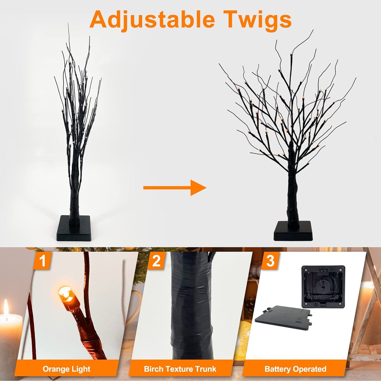 [ Timer ] TURNMEON 24" Black Halloween Tree with 36 LED Orange Lights Battery Powered Halloween Spooky Birches Tree Tabletop Trees for Halloween Decoration Indoor Home Decor