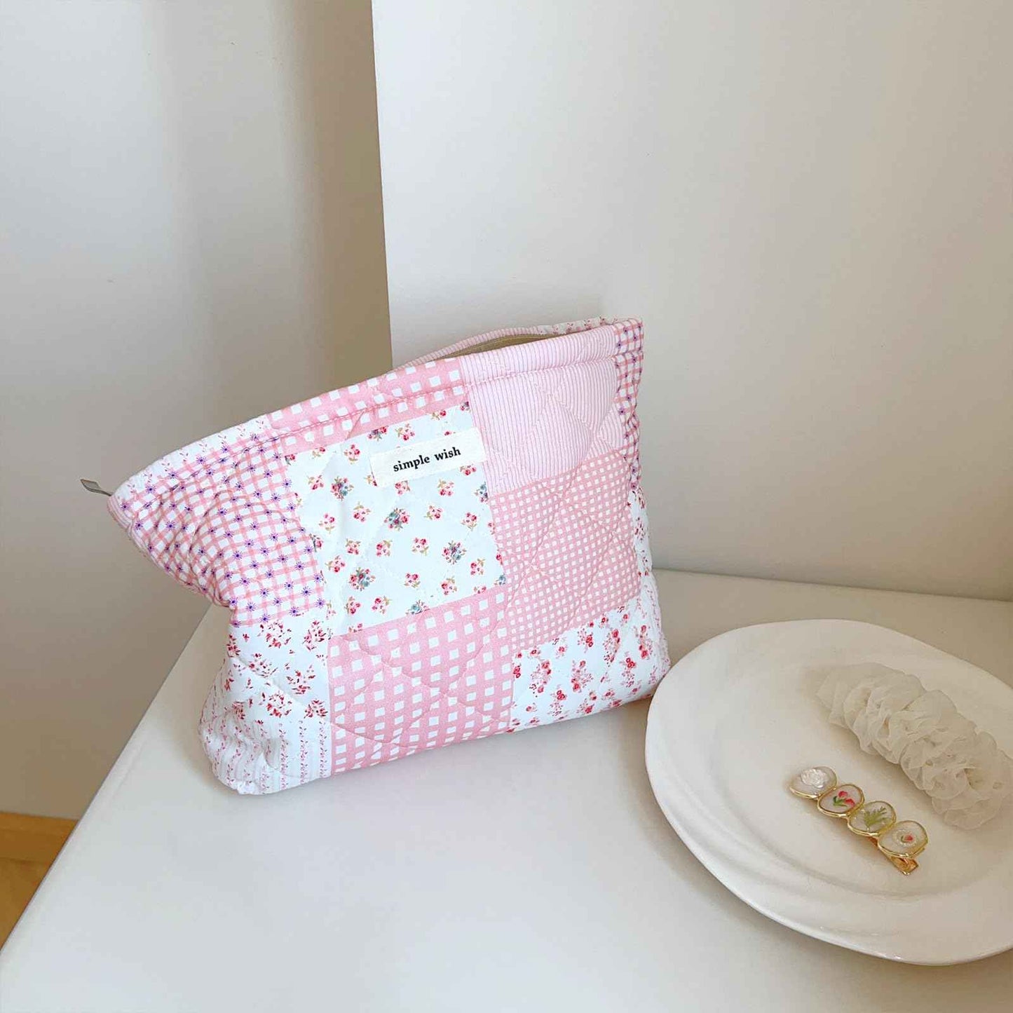 Sminra 2 Pieces Floral Makeup Bag, Cute Travel Quilted Cotton Small Cosmetic Bag Organizer, Coquette Aesthetic Preppy Pouch Purse Toiletry Bag for Women Girls accessories