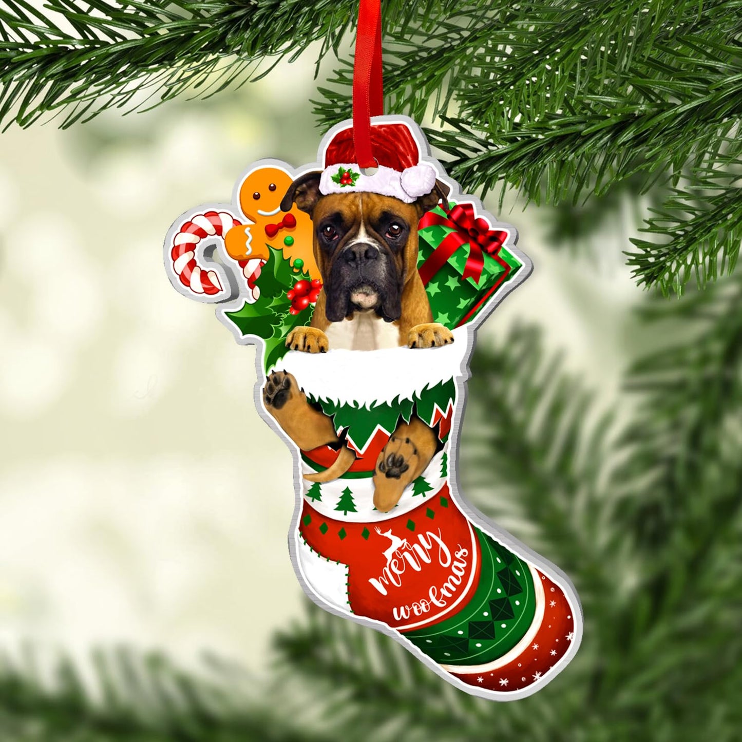 COUPLE FOX Boxer Dog Ornaments Christmas Tree, Boxer Red Sock Aluminum Ornament (NOT 3D), Christmas Decoration 2023 for Boxer Lovers, Dog Mom, Dog Dad, Pet Lovers