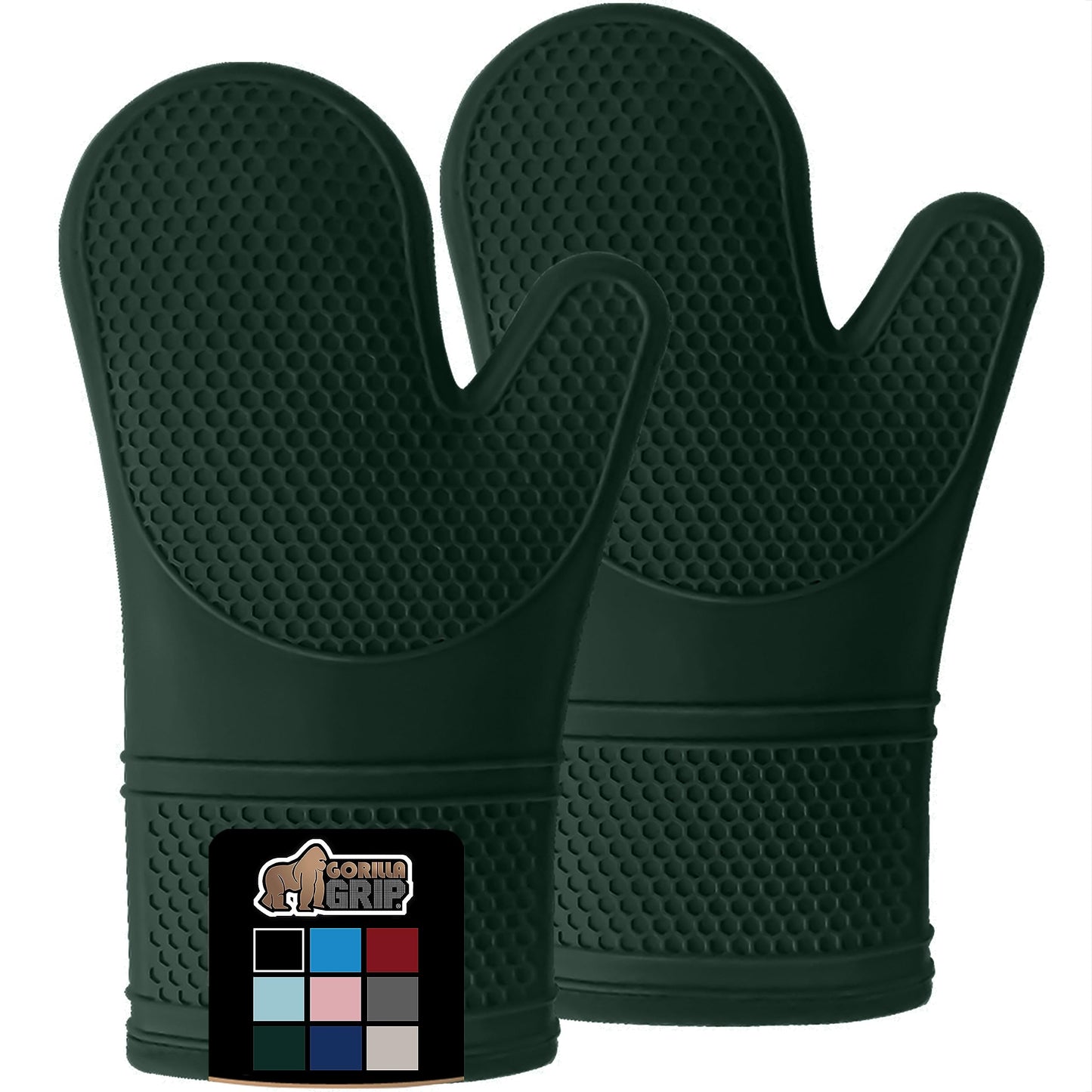 Gorilla Grip Heat and Slip Resistant Silicone Oven Mitts Set, Soft Cotton Lining, Waterproof, BPA-Free, Long Flexible Thick Gloves, Cooking, BBQ, Kitchen Potholders, 12.5 in, Hunter Green