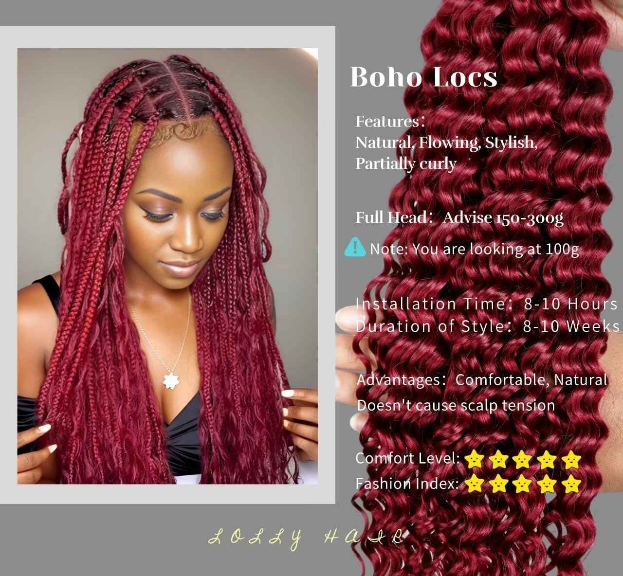 Ubinica Burgundy Deep Wave Braiding Human Hair 2 Bundles Total 100g 24 Inch Deep Wave Bulk Braiding Hair for Boho Braids