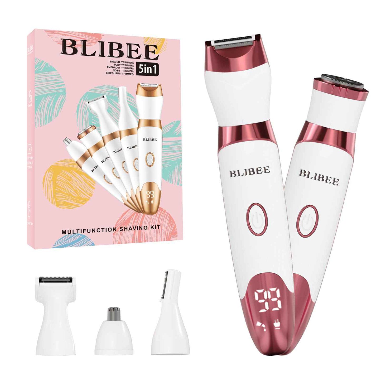 BLIBEE Bikini Trimmer for Women, LED Display Electric Razors for Women, 5-in-1 Electric Shaver, Rechargeable Painless Pubic Hair Trimmer for Legs, Underarms, Face & Sensitive Skin (Purple)