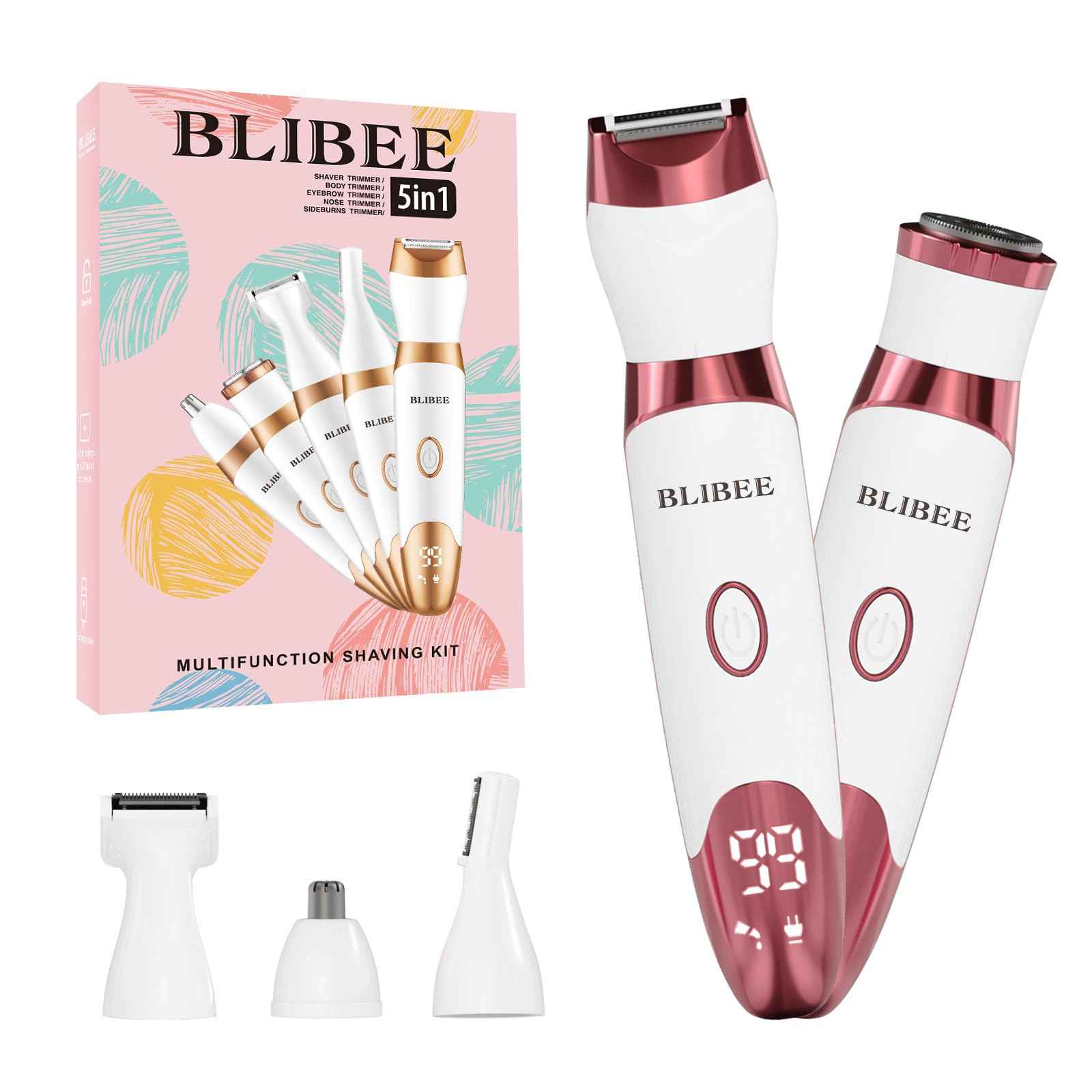 BLIBEE Bikini Trimmer for Women, LED Display Electric Razors for Women, 5-in-1 Electric Shaver, Rechargeable Painless Pubic Hair Trimmer for Legs, Underarms, Face & Sensitive Skin (Purple)