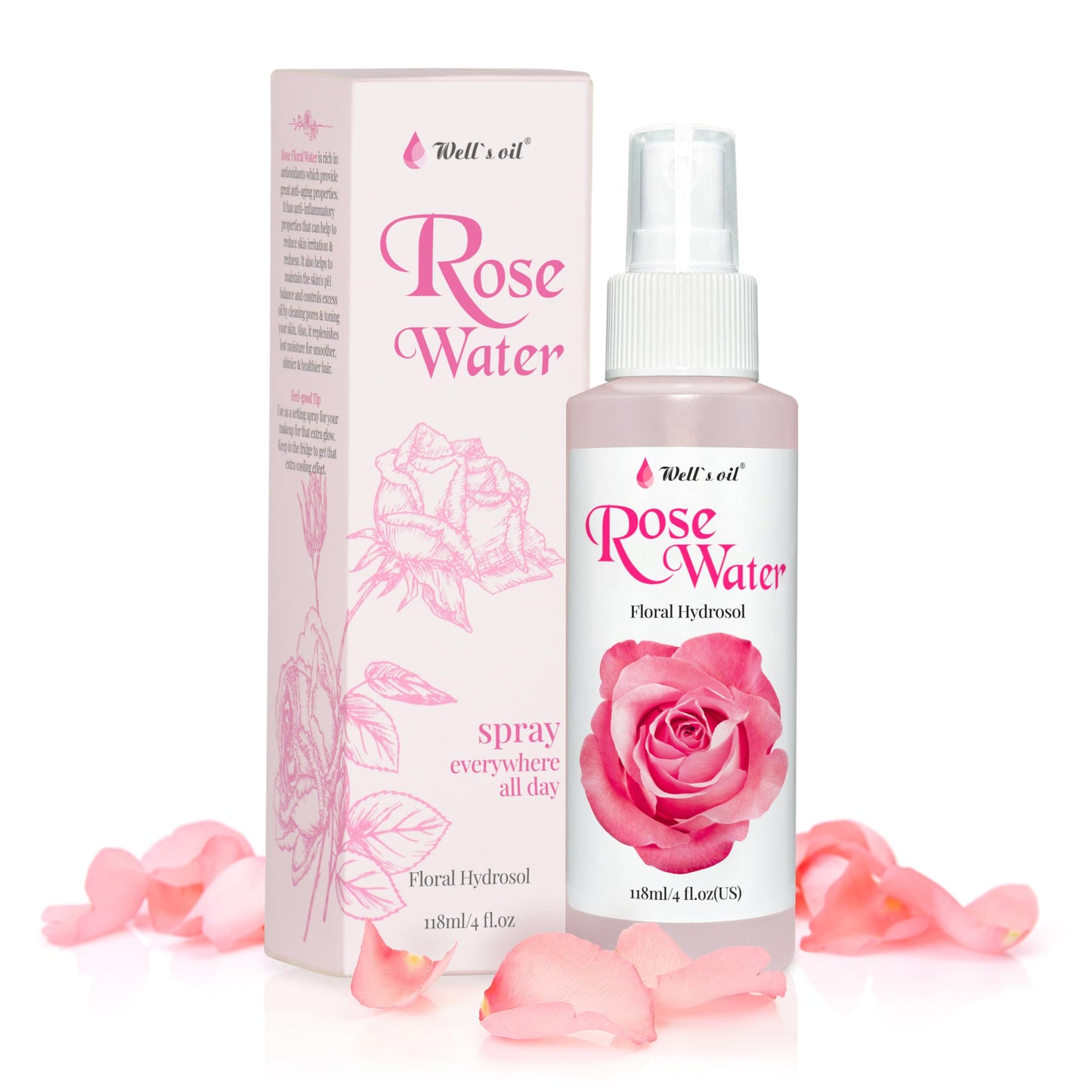 Well's Rose Water Mist Spray | 4 fl. oz. | 100% Natural | Hydrating & Soothing | For Skin & Hair Care