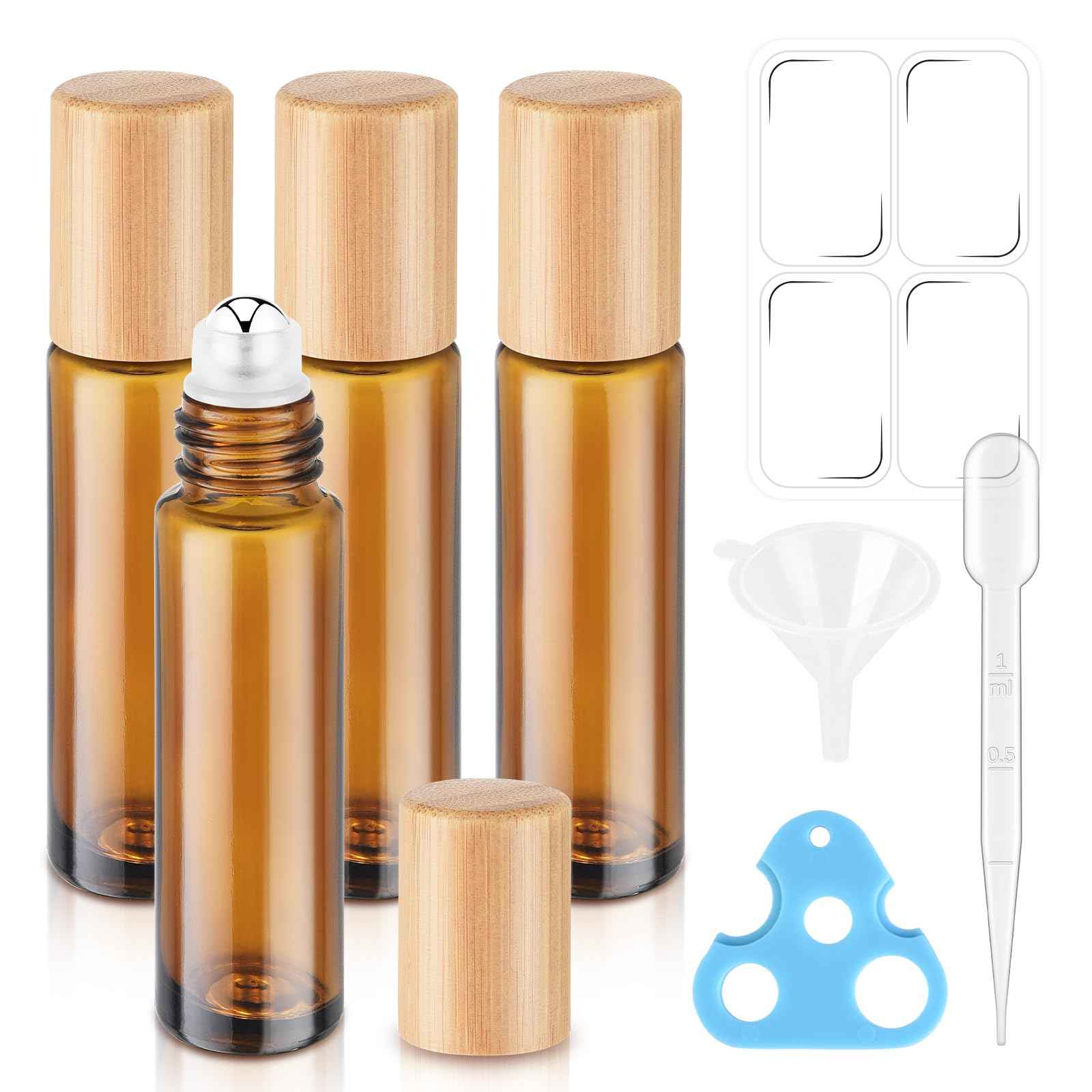 bofessor 4 Pack Essential Oil Roller Bottles, 10ml Amber Glass Rollerballs with Bamboo Plastic Caps - Empty Refillable Travel Roll-On Containers for Perfume & Essential Oils
