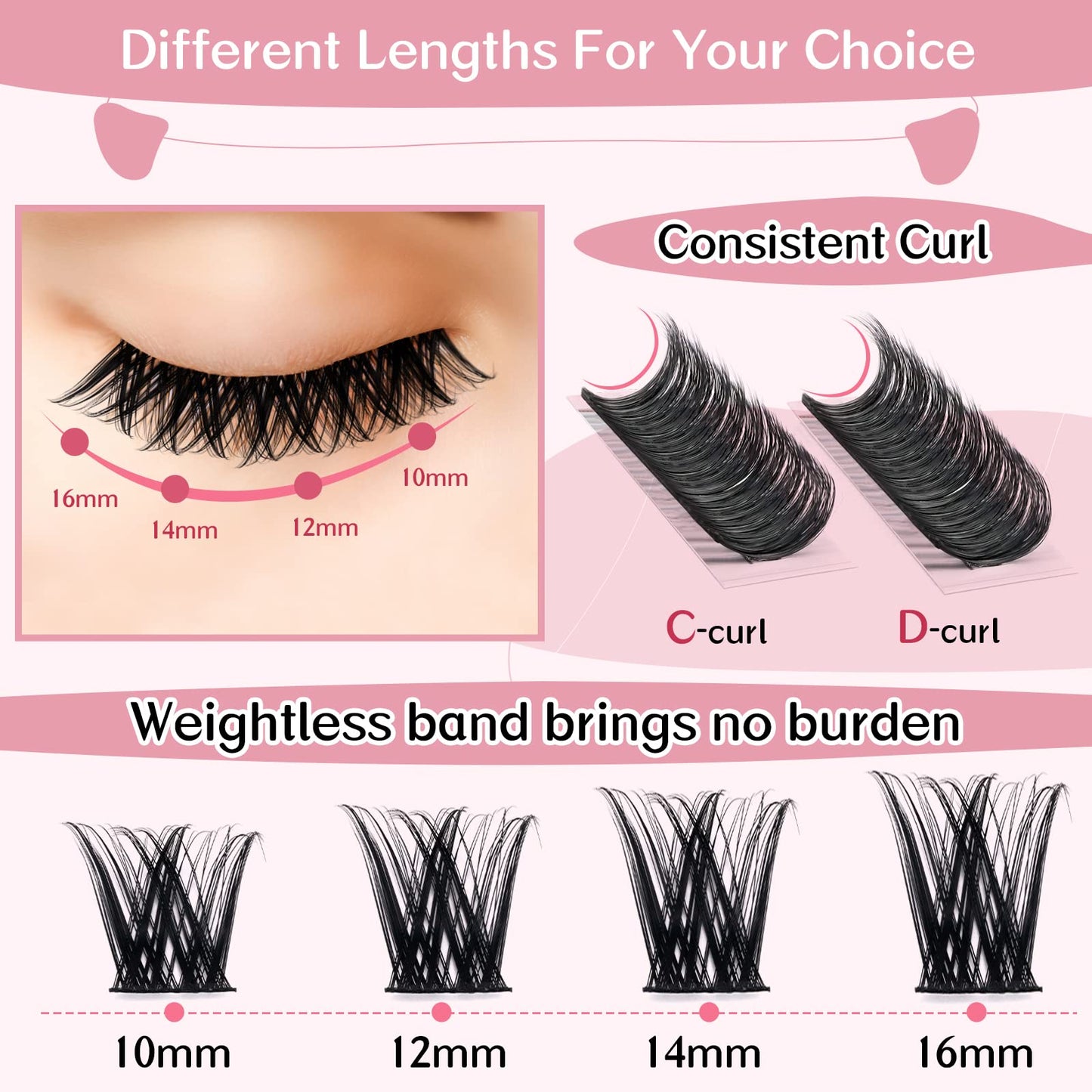 Cluster Lashes, 72 Pcs Individual Lashes, Lash Clusters DIY Eyelash Extension, Super Thin Band Reusable Soft & Comfortable (Pearl-D-16mm)