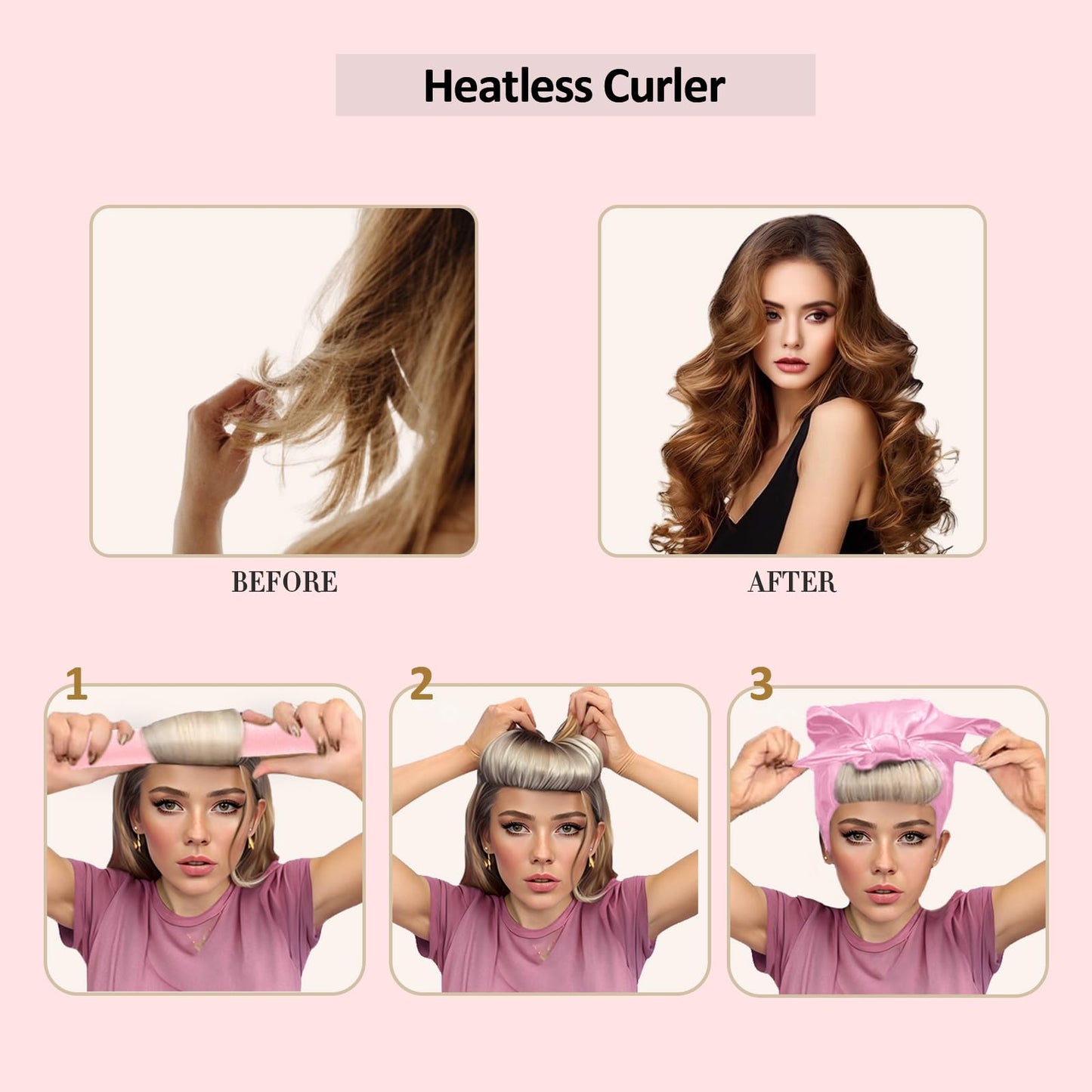 Beiskll Heatless Hair Curling Set, No-Heat Overnight Blowout Rods & Wraps for Long-Lasting Curls on All Hair Types (Pink+Blue)