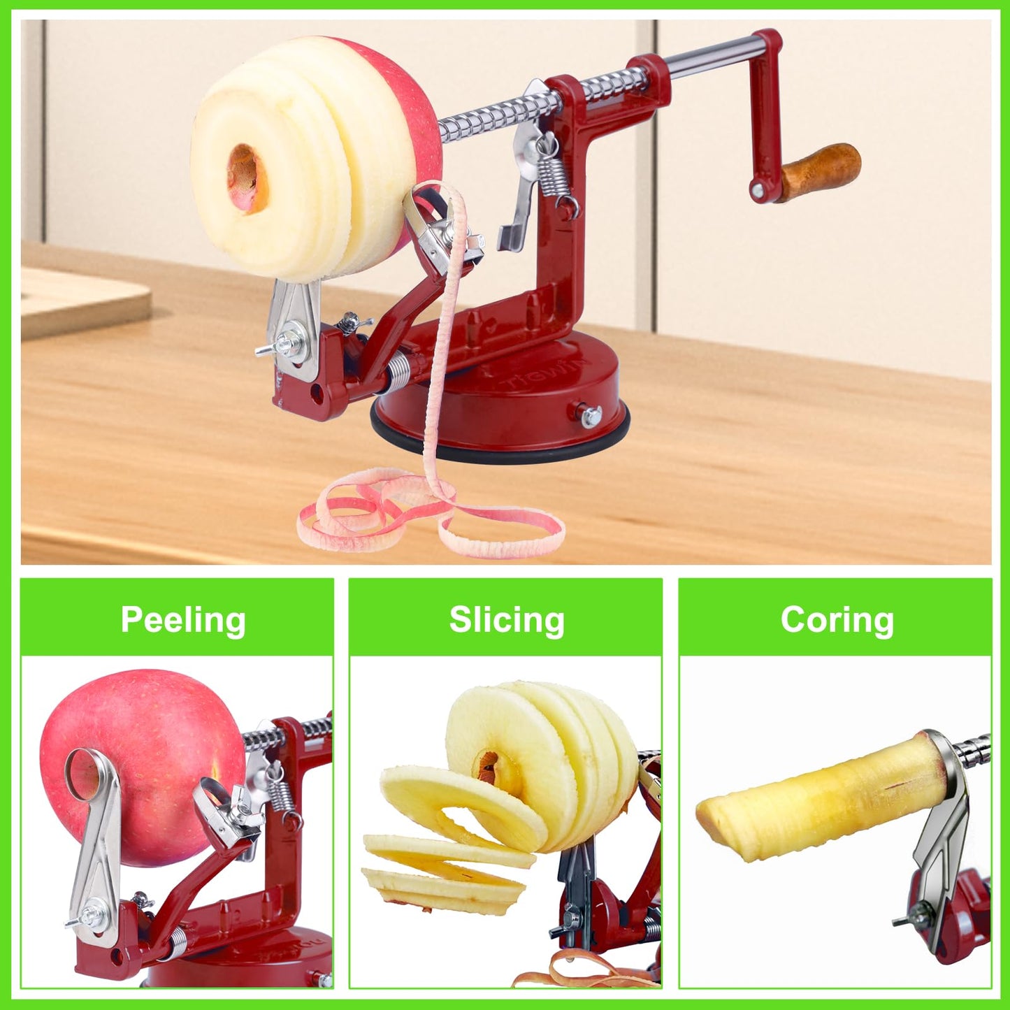 TIGWIN Apple Peeler Corer, Long lasting Chrome Cast Magnesium Alloy Apple Peeler Slicer Corer with Stainless Steel Blades and Powerful Suction Base for Apples and Potato(Deep Red)