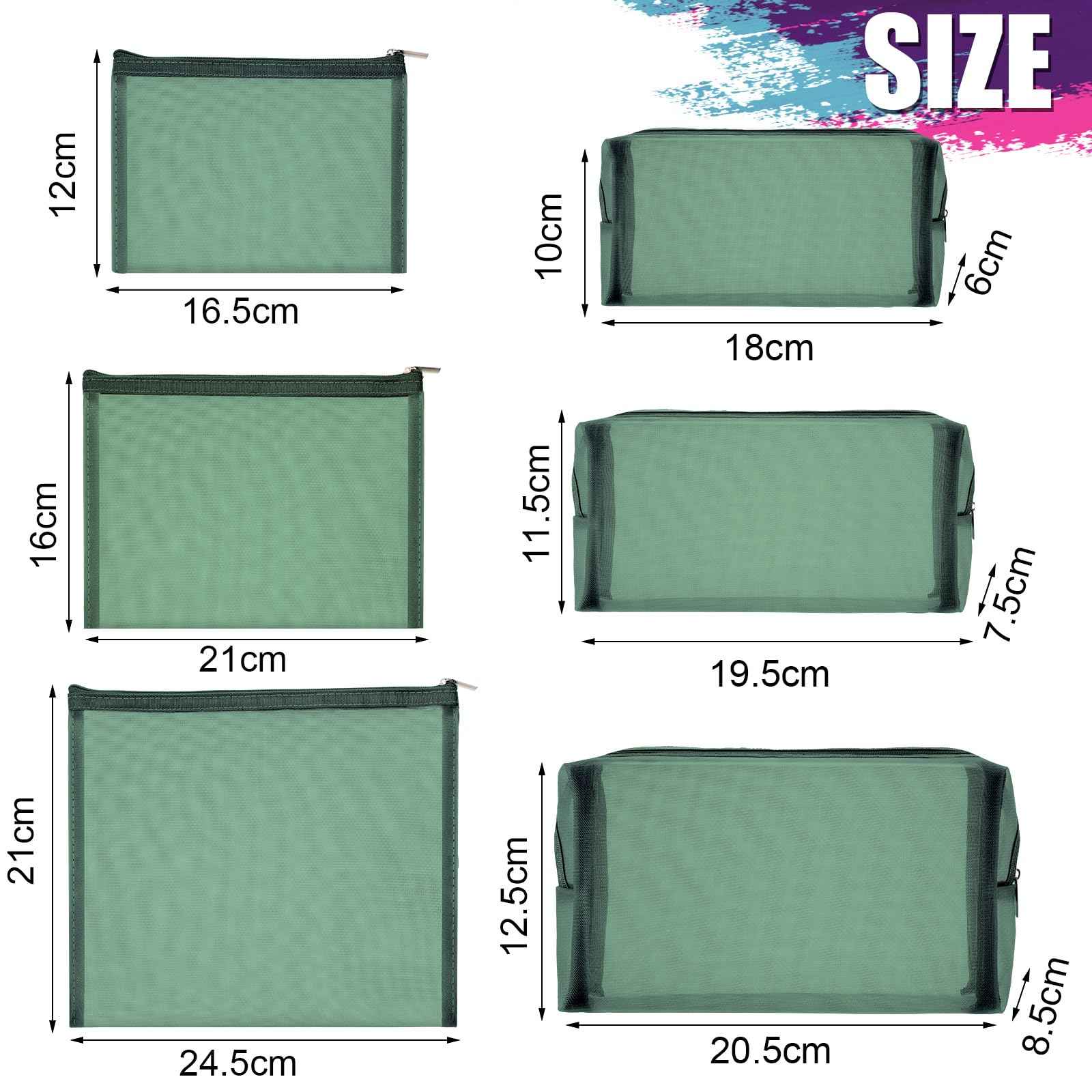 Boao 6 Pieces Mesh Makeup Bags Mesh Cosmetic Bag Portable Travel Organizing Zipper Pouch Toiletries Makeup Pouches for Home Office Travel Accessories(Green)