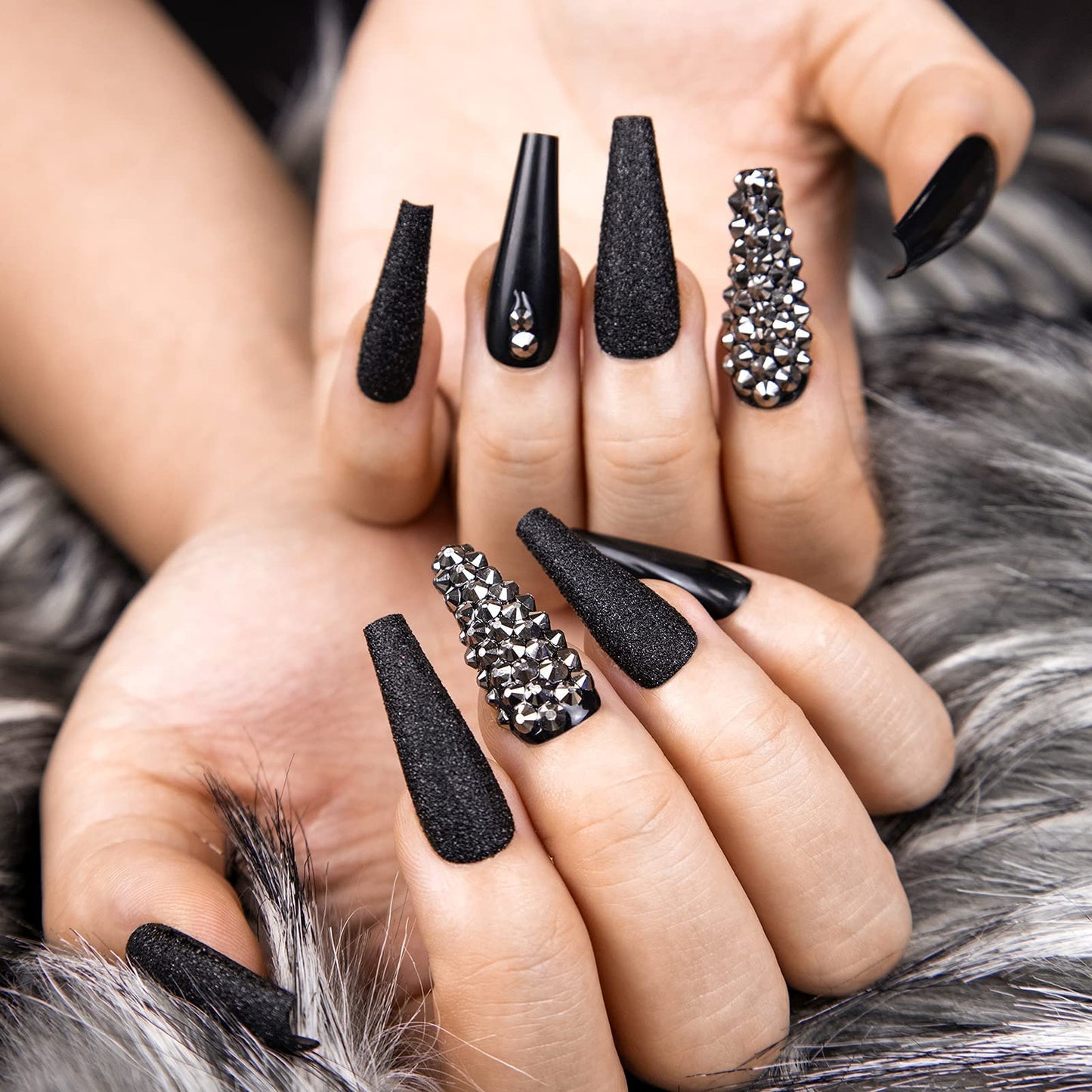 Kikmoya Extra Long Coffin Press on Nails, Crystal Luxury Nails with Grey Black Rhinestones, Black Pure Color Glitter, 24pcs Glossy False Nails Fake Tips, Finger Manicure for Women (K26)