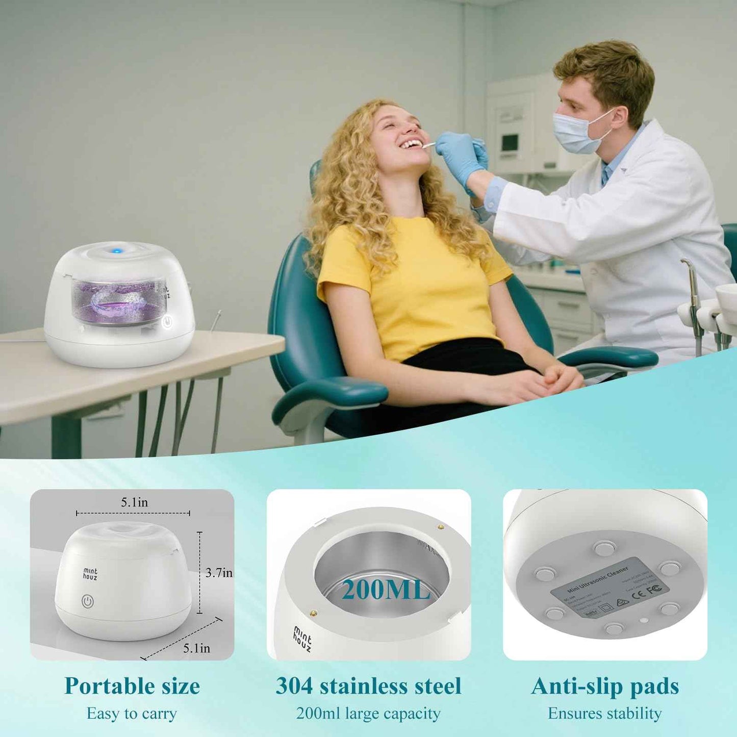 Minthouz Ultrasonic Retainer Cleaner Machine, Dental Pod for Denture, Mouth Guard, Aligner, Night Guard, Toothbrush Heads, Jewelry, 48kHz Retainer Cleaner with 200ML Capacity for All Dental Appliances