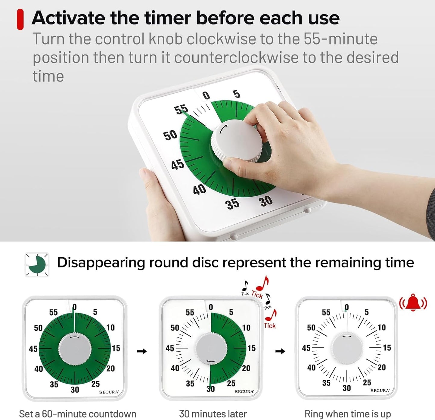 Secura 7.5 Inch Visual Timer, 60 Minute Oversize Visual Countdown Timer for Kids and Adults, Durable Mechanical Time Management Tool (Green)