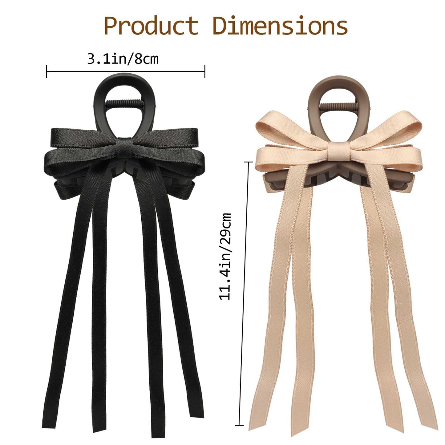 FWUNYVN 3Pcs Bow Hair Clips with Long Tail for Women,Hair Bows with Long Tail,Tassel Ribbon Hair Claw Clips,Bowknot Aesthetic Hair Accessories for Thin Thick Curly Hair (Black+White+Brown)