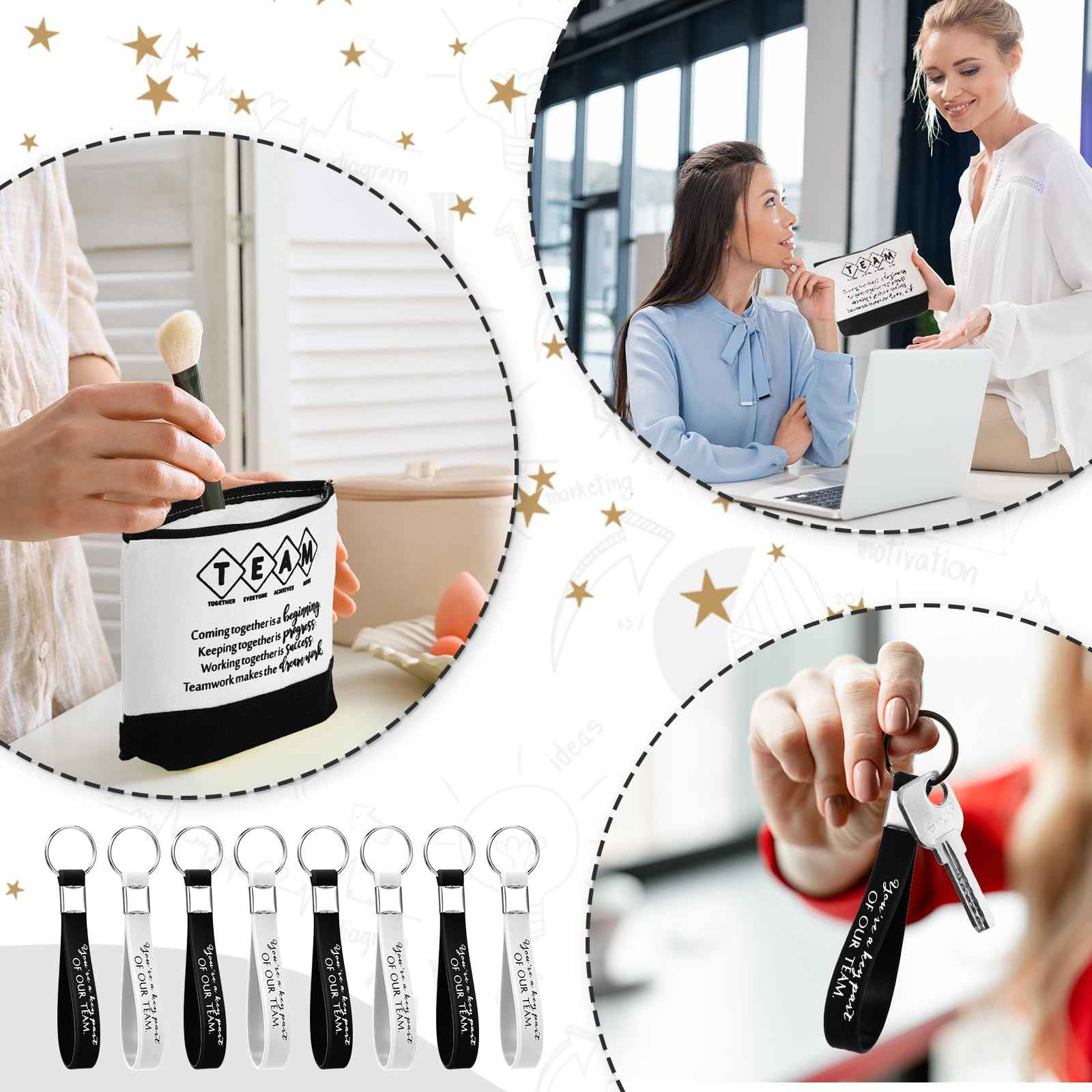 Sanwuta 48 Pcs Canvas Cosmetic Bag Bulk Appreciation Gift for Christmas Inspirational Canvas Makeup Bags Keychains Set for Teacher Employees Coworker Women (Team)