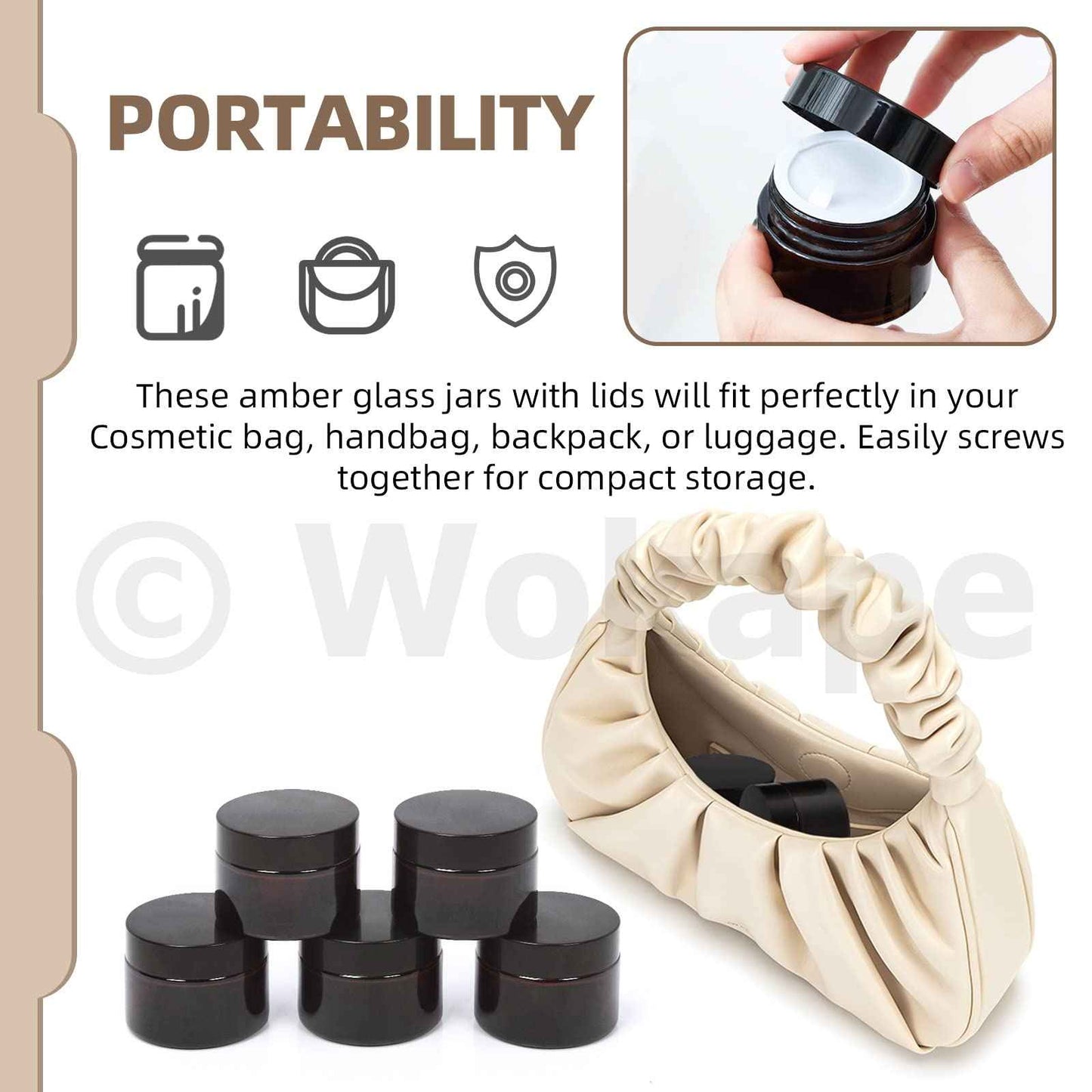 Wokape 20Pcs 5ml Round Glass Jars with Liner Lids Spoons, 0.17oz Amber Refillable Cosmetic Storage Jars for Cream Lotion Liquid Powder