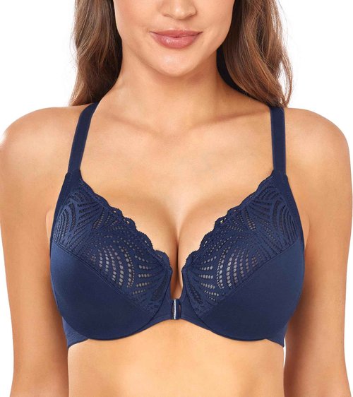 DotVol Women's Plus Size Front Closure Lace T-Back Underwire Everyday Bra(38C,Blue)
