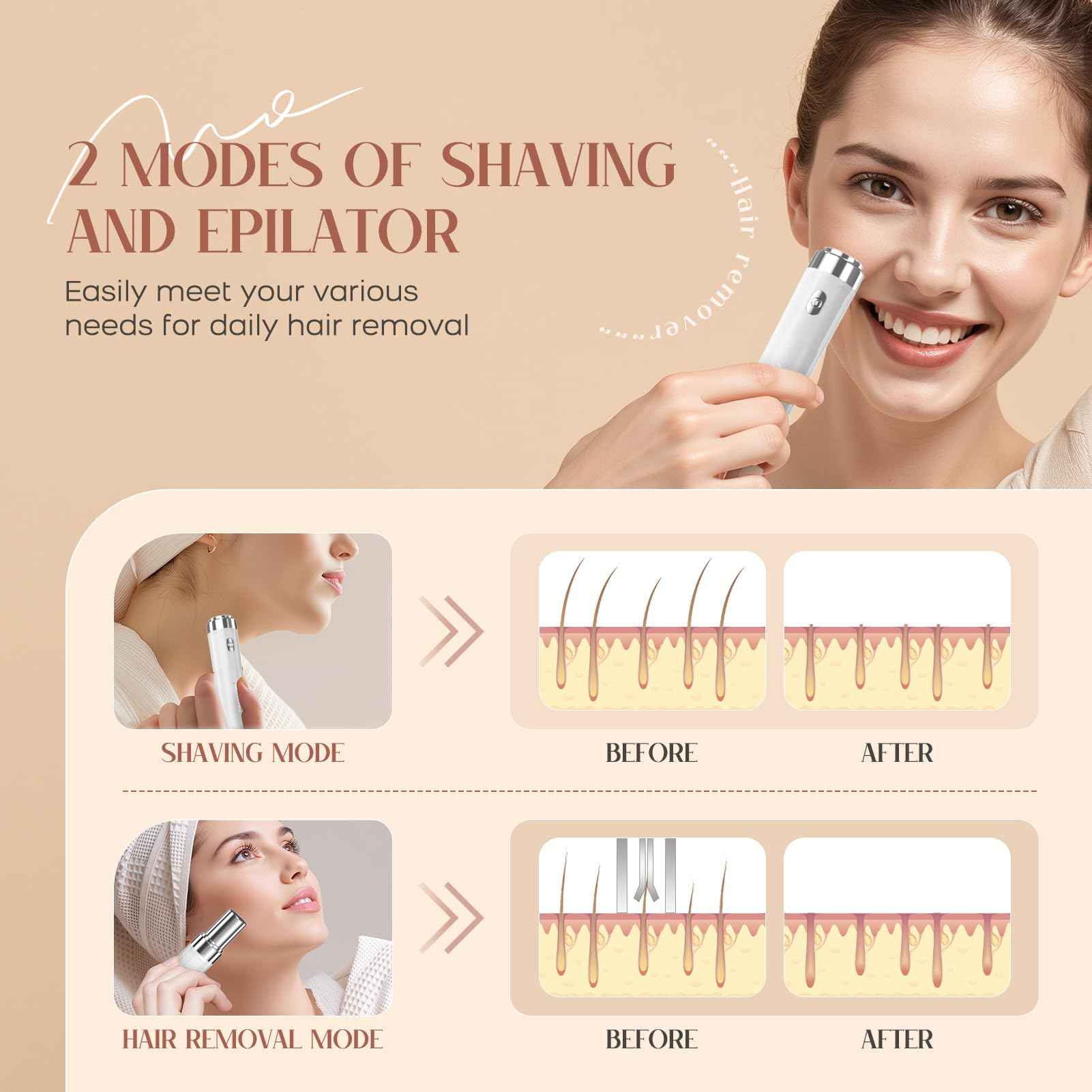 Facial Hair Remover for Women, 2-in-1 Epilator for Women with LED Light USB Rechargeable Portable Electric Epilators Painless Lady Shavers for Face, Lip, Chin, Leg, Arms, Bikini (White)