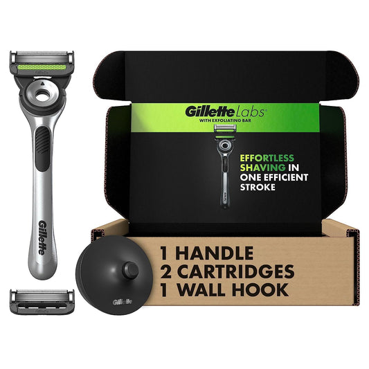 Gillette Labs with Exfoliating Bar by Men's Razor Set, 1 Shower Hook, Handle, 2 Blade Refills, Silver and Black, Razors for Men, Mens
