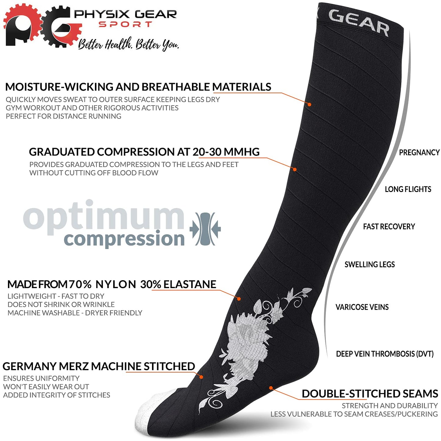 Physix Gear Compression Socks 20-30 mmHg - Men & Women - Running, Nurses, Shin Splints, Flight, Travel (BLACK / GREY FLOWER-S/M)