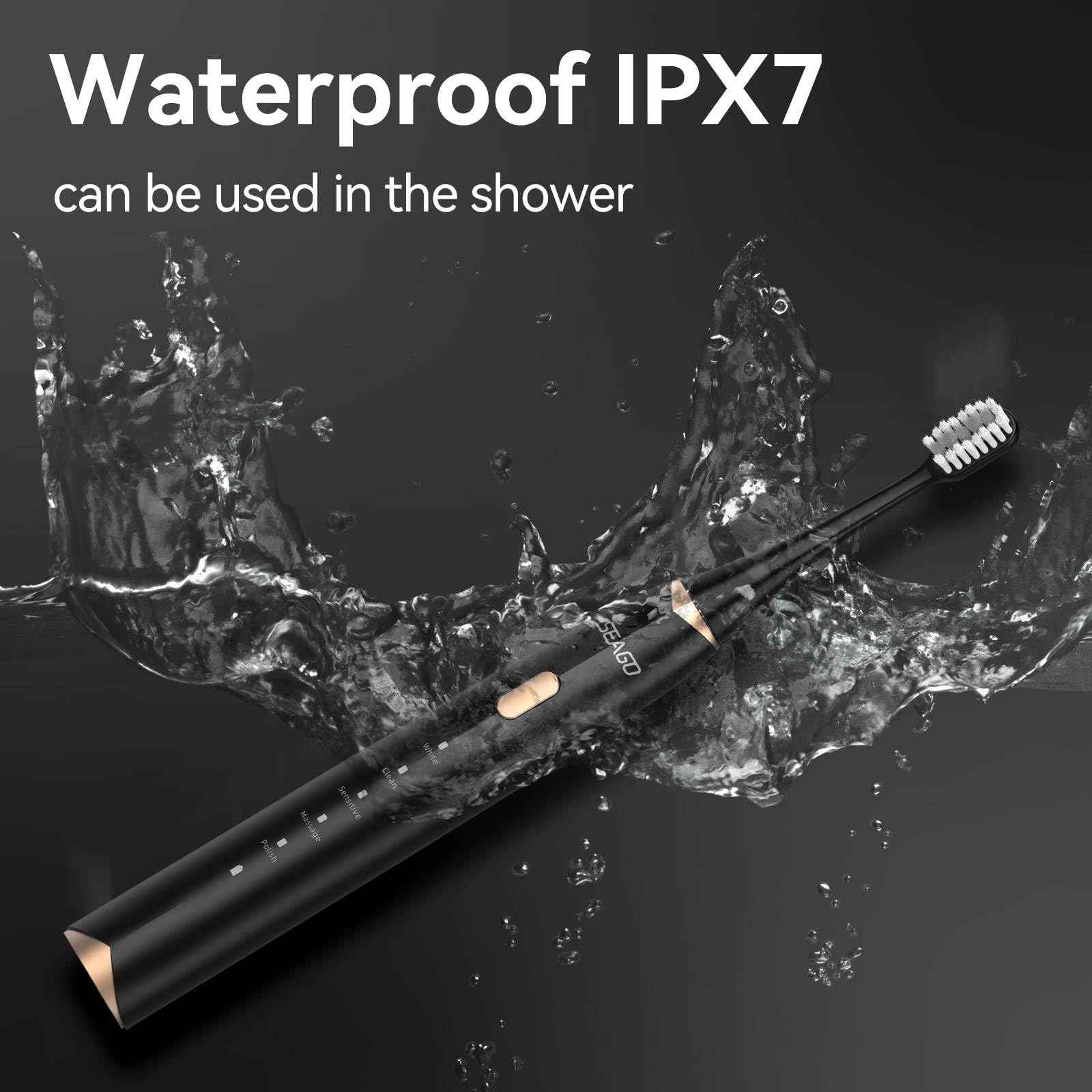 SEAGO Electric Toothbrush for Adults with Pressure Sensor, Sonic Toothbrushes Holder Wall Mounted, 30 Days Battery Life, 5 Cleaning Modes, 8 Replacement Heads, Timer & IPX7 Waterproof (Black, Middle)