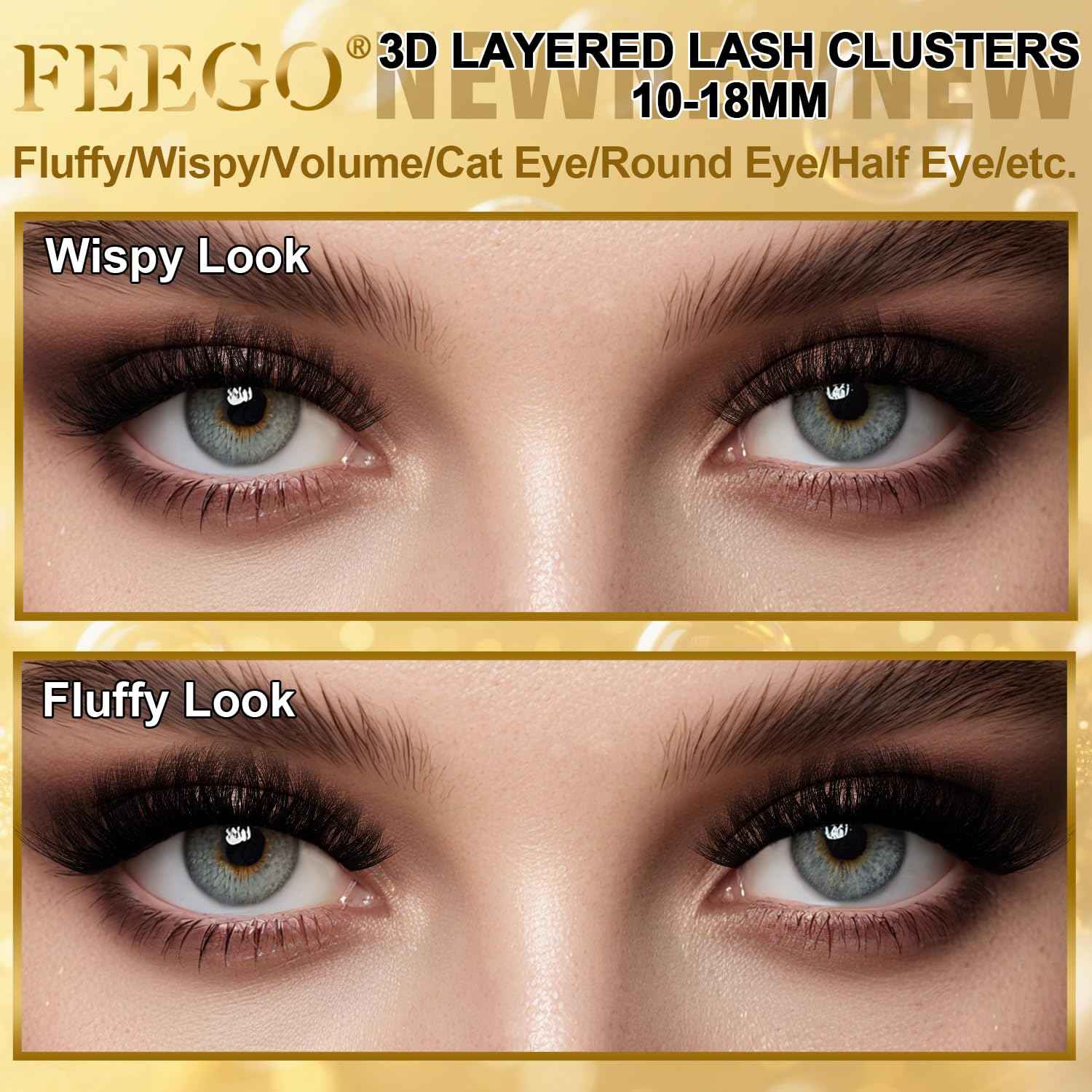 FEEGO Volume Lash Clusters Kit Eyelash Extensions Kit Lash Clusters DIY Lash 280pcs Individual Lashes Clusters 60D+80D D Curl Lashes, Double-headed mascara brush, Remover (6080D Charming Kit)