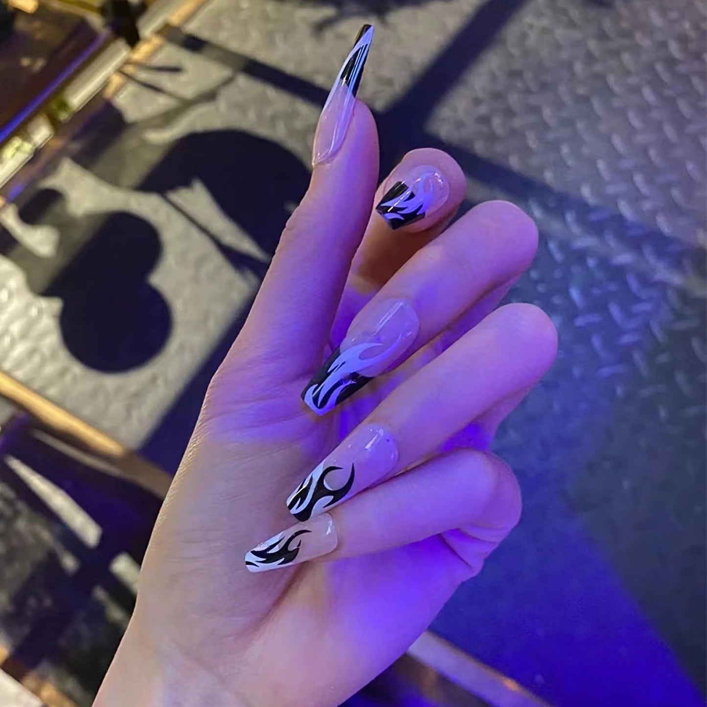 MERVF Coffin Press on Nails Long Fake Nails Black French Tip Glue on Nails with Flame Design Ballerina Goth Acrylic False Nails Glossy 24pcs