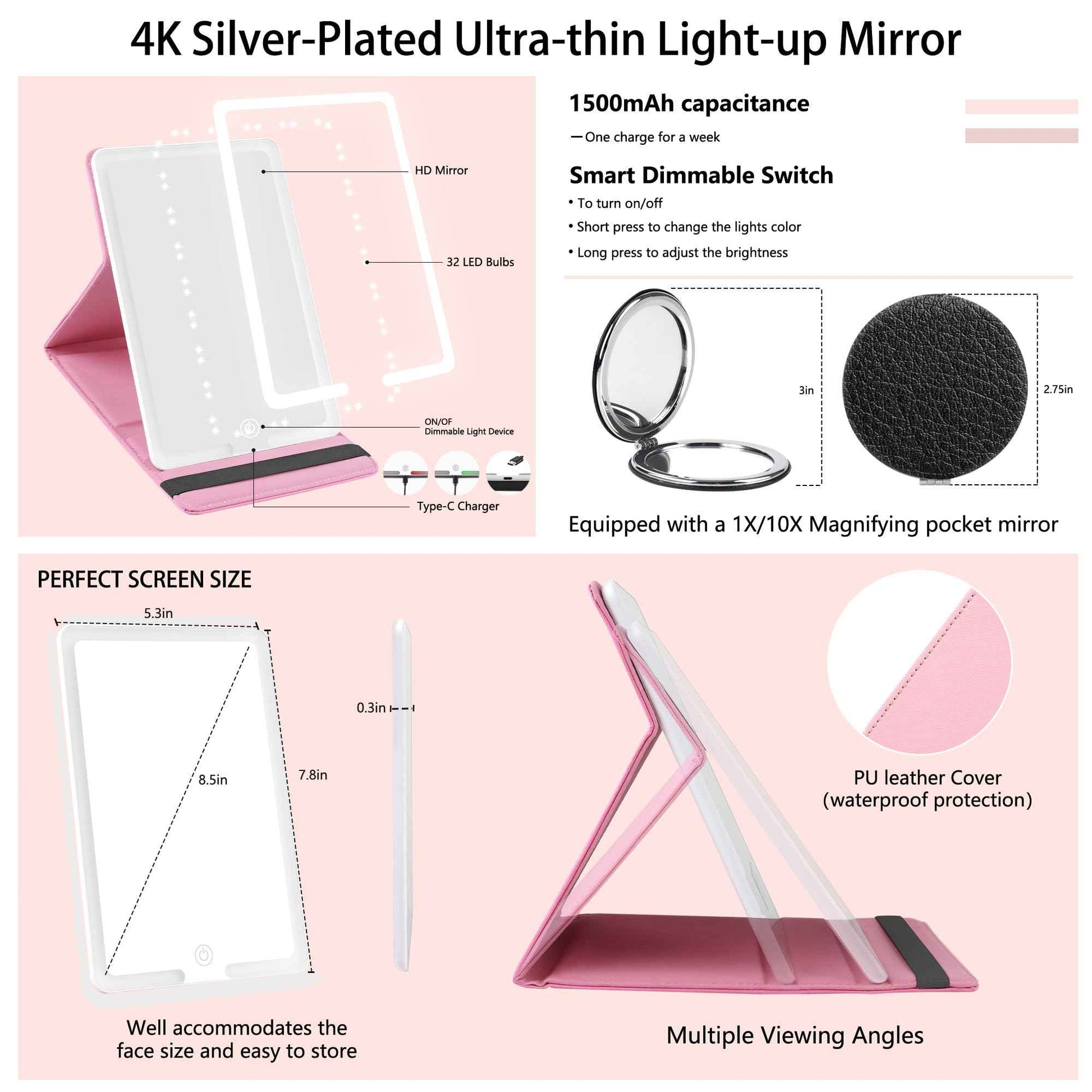 WangSelect Travel Makeup Bag with Light-up Mirror Portable Cosmetic Organizer Train Case with Adjustable Dividers & Brushes Holder &1X/10X Magnifying Compact Mirror & Eyebrow Trimmer- Pink