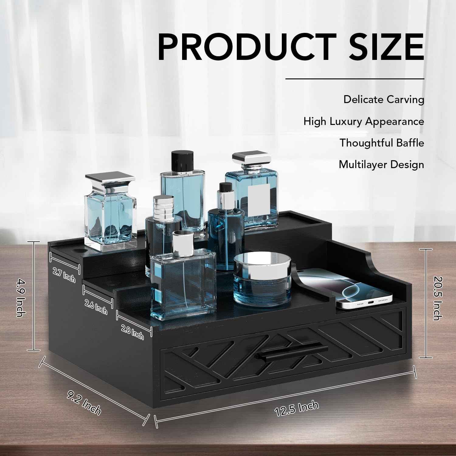 Cologne Organizer for Men, 3 Tier Perfume Stand With Drawer Hidden Compartment and Lining, Wood Display Holder for Watch Jewelry, Black, Great Gifts for Christmas