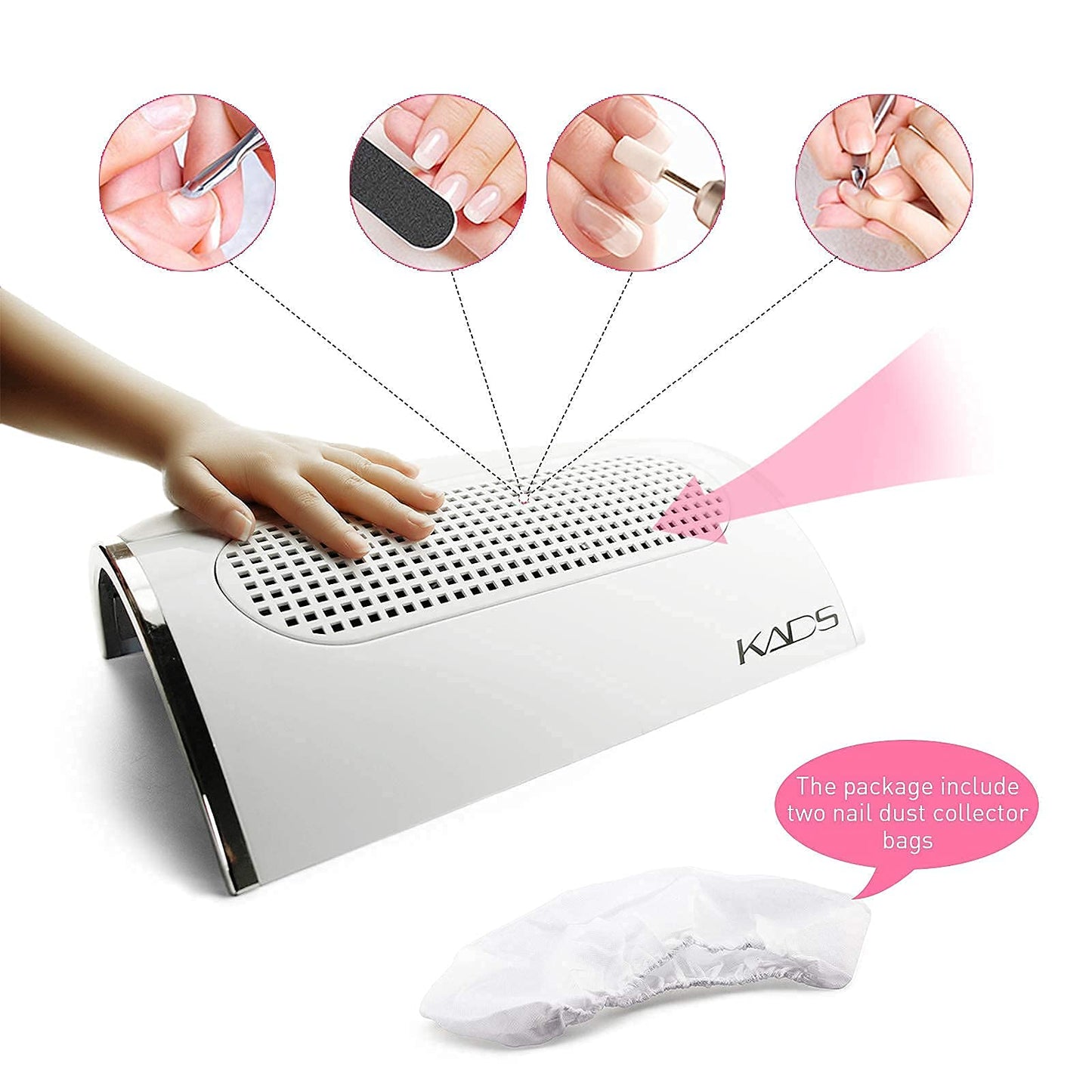 KADS Nail Art Dust Suction Collector 3 Fans Powerful Strong Power Nail Dryer Tool with 2 Dust Collecting Bags (110V US Plug)